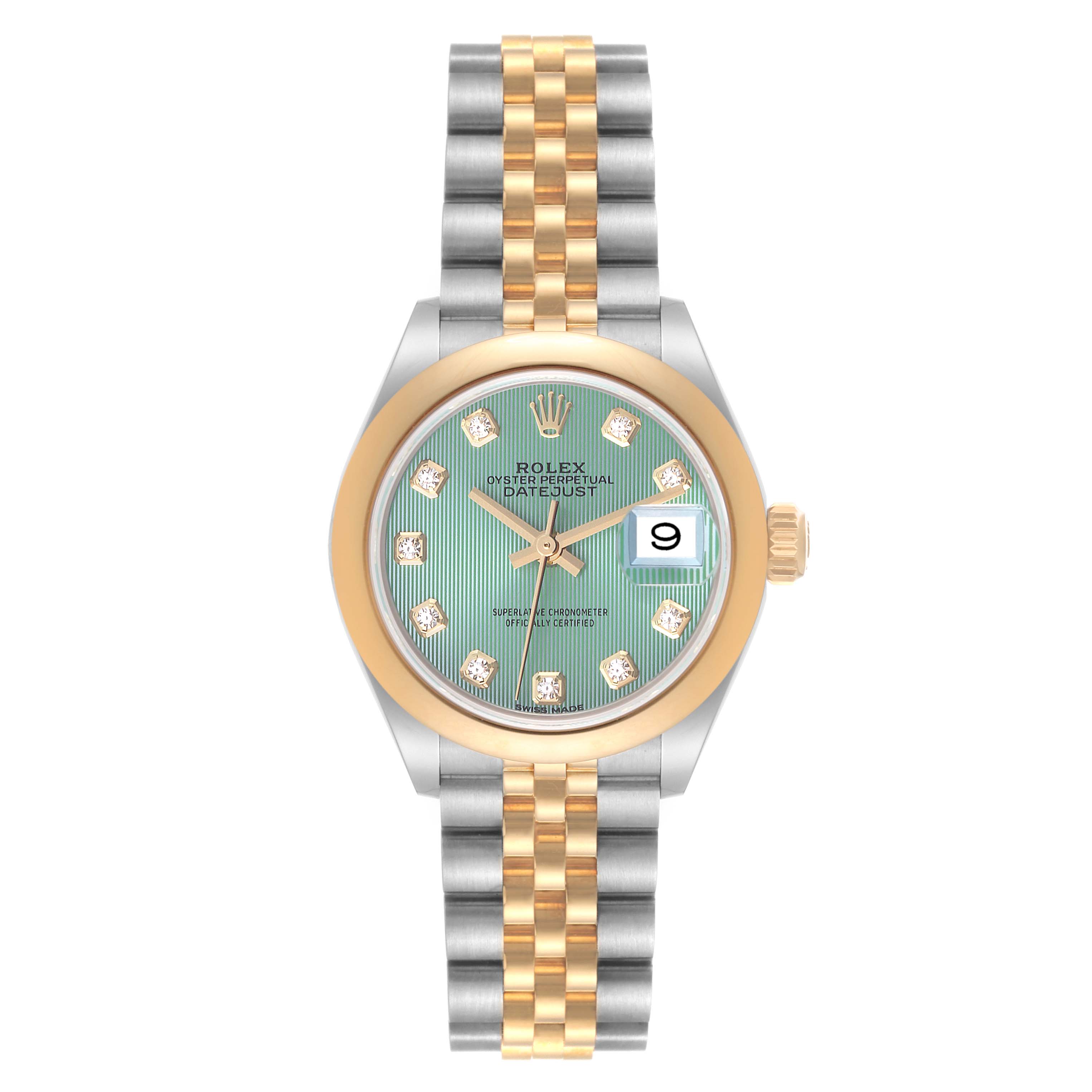 The Rolex Datejust 279163 Women's Steel and Gold (two tone) Green Dial 279163 Women's Steel and Gold (two tone) Green Dial watch is shown from the front, displaying its face, bezel, and two-tone bracelet.