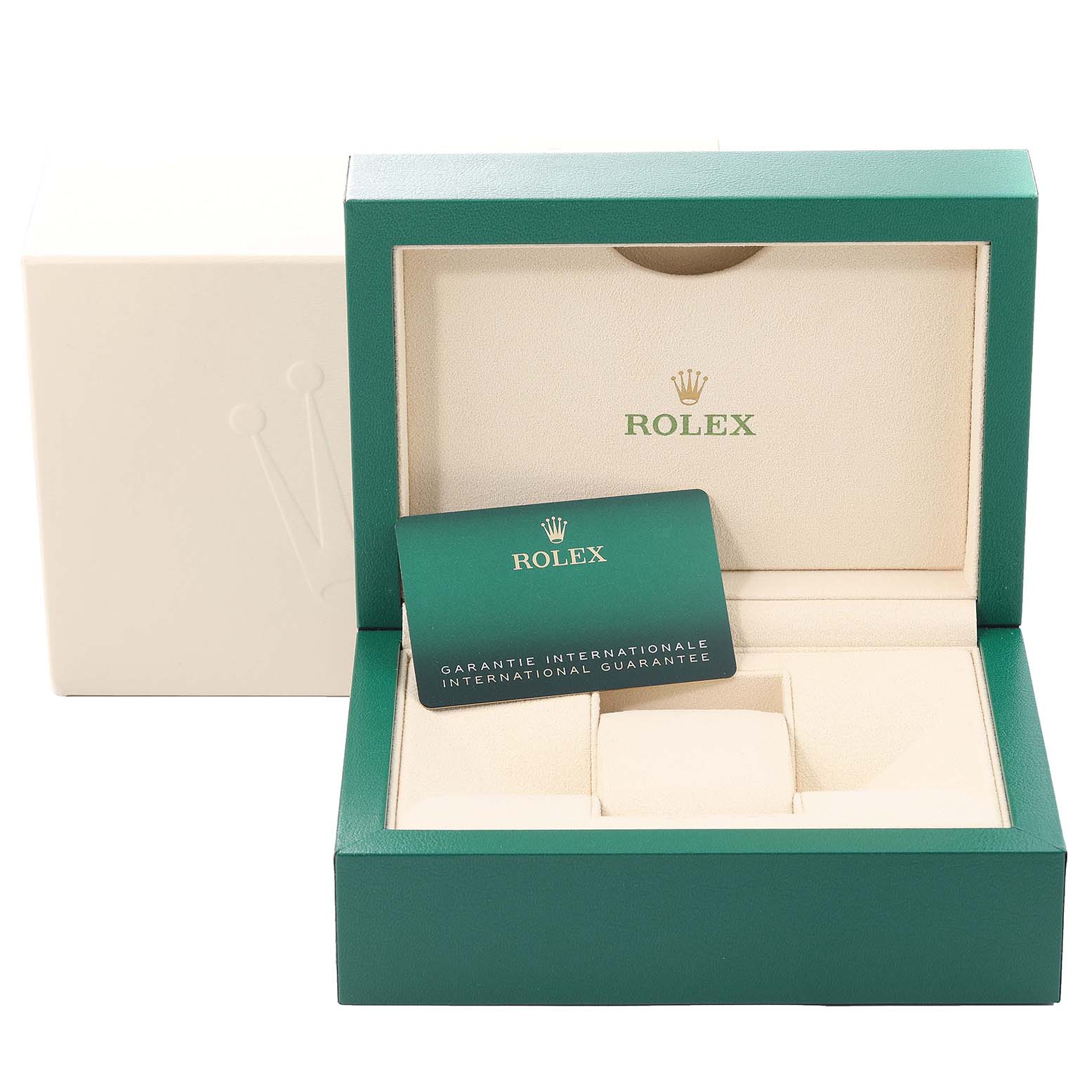 The image shows the open box, card, and holder for a Rolex Datejust 279163 Women's Steel and Gold (two tone) Green Dial 279163 Women's Steel and Gold (two tone) Green Dial model watch.