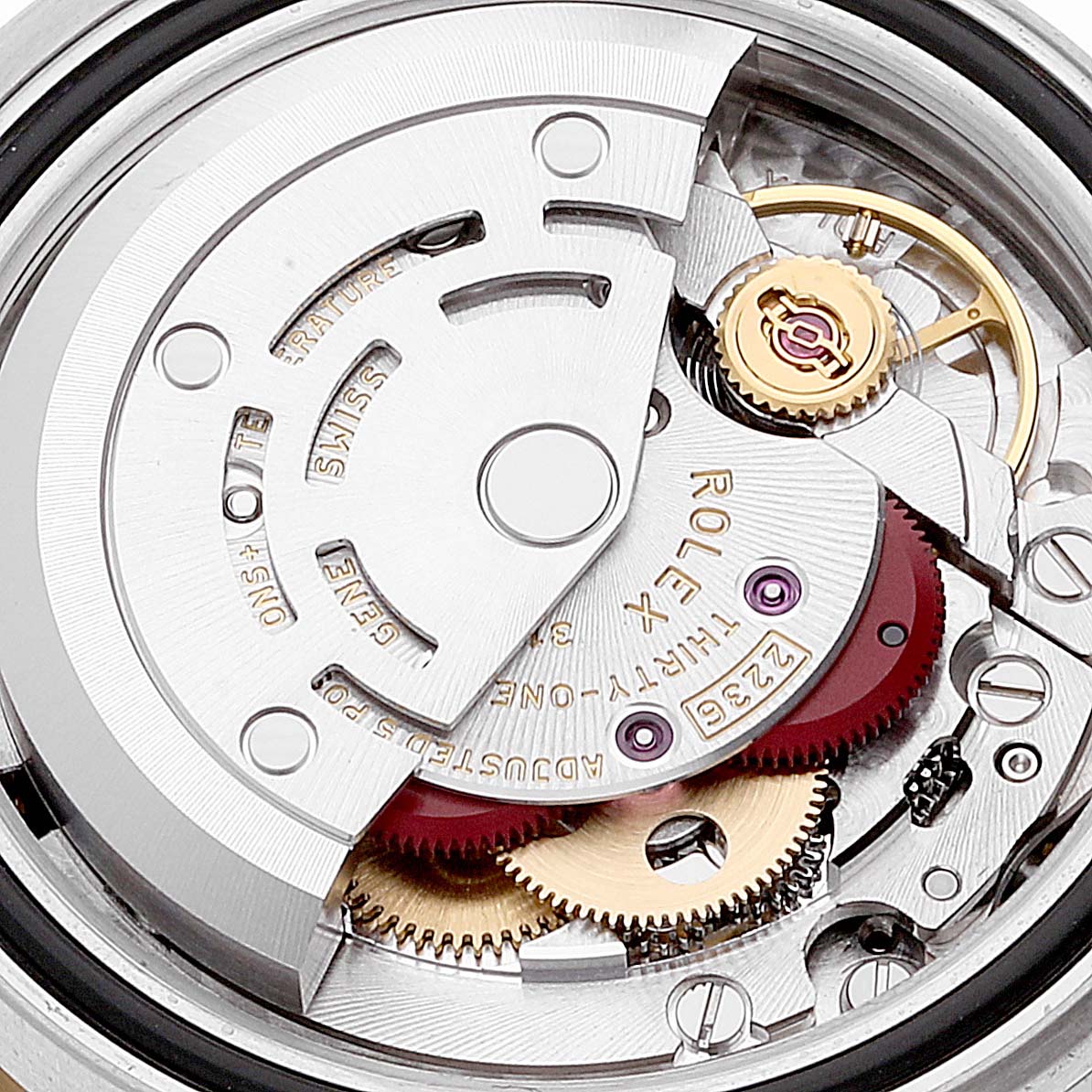 The image shows the detailed movement parts of a Rolex Datejust 279163 Women's Steel and Gold (two tone) Green Dial 279163 Women's Steel and Gold (two tone) Green Dial watch at a close-up angle.