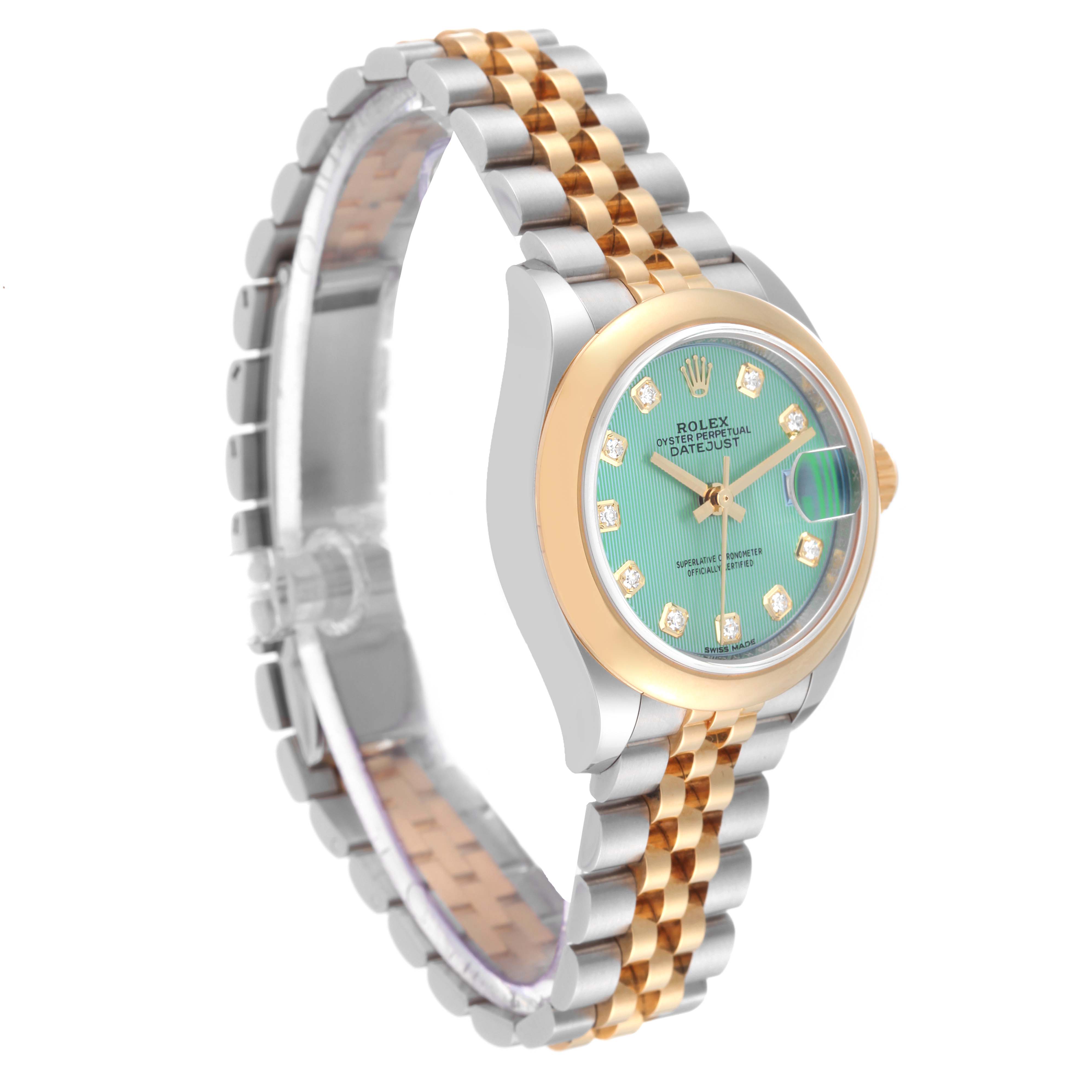 The image shows a Rolex Datejust 279163 Women's Steel and Gold (two tone) Green Dial 279163 Women's Steel and Gold (two tone) Green Dial watch at an angled side view, highlighting the two-tone bracelet, bezel, and dial.