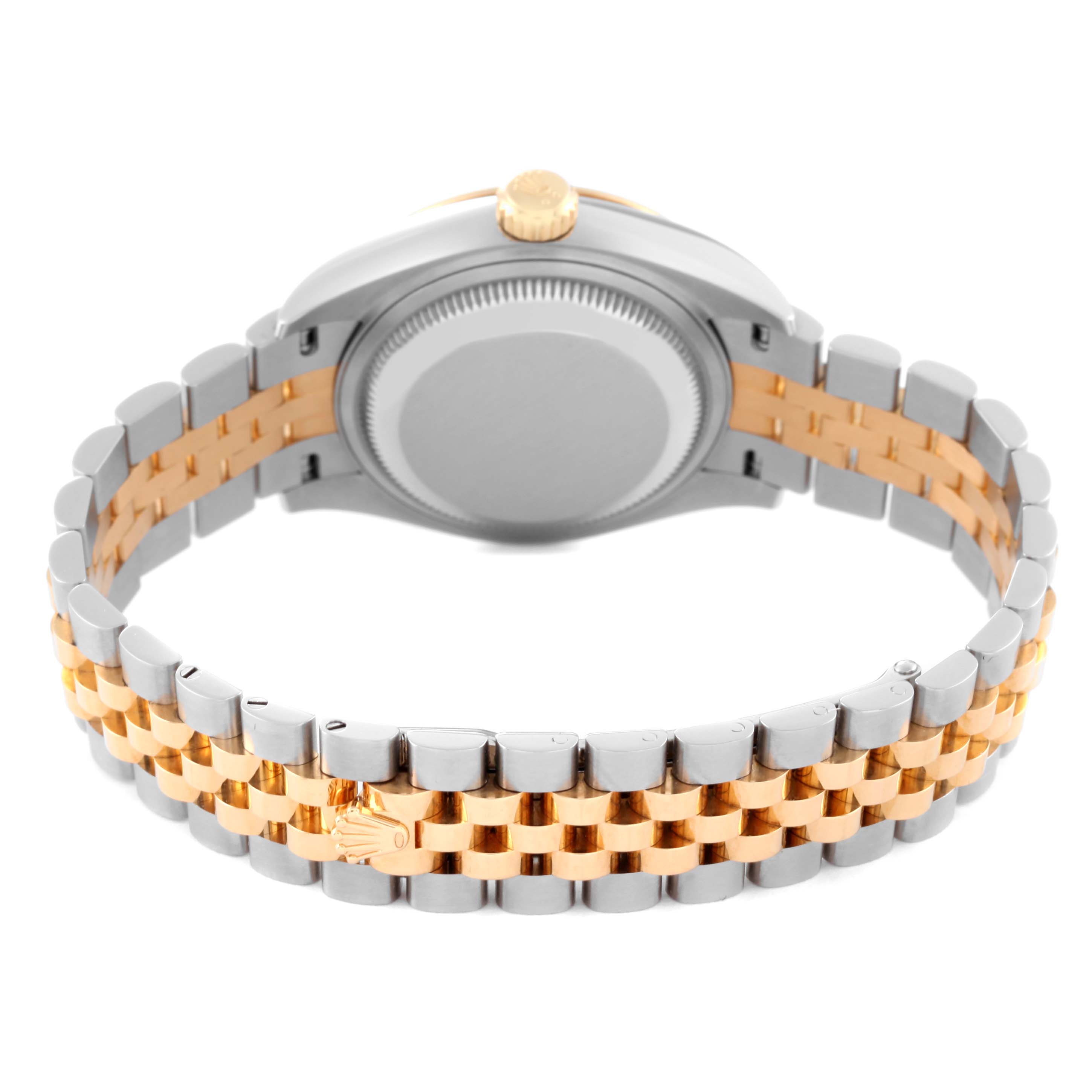 The image shows the back and bracelet of a Rolex Datejust 279163 Women's Steel and Gold (two tone) Green Dial 279163 Women's Steel and Gold (two tone) Green Dial watch, highlighting its two-tone design and case back.