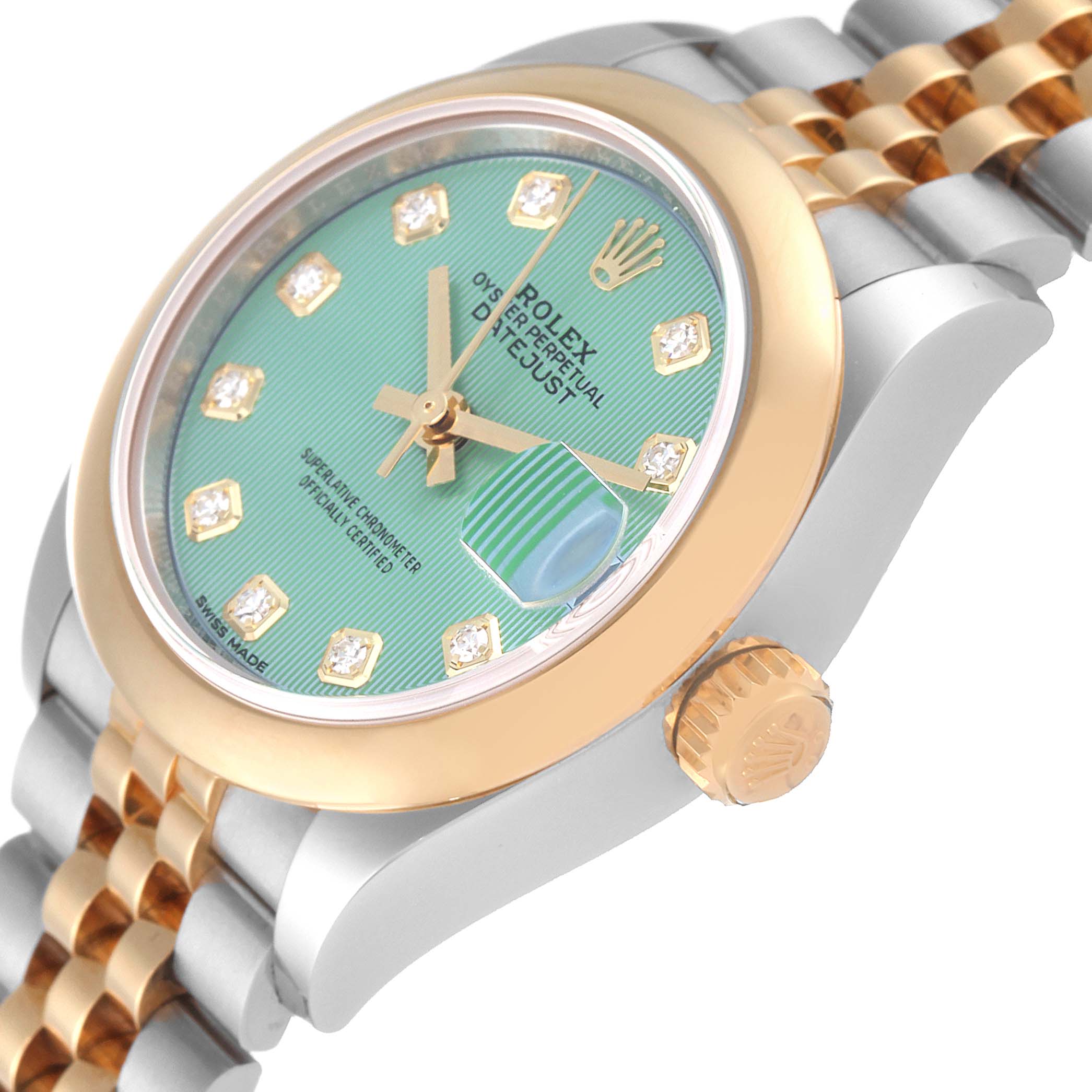 The image shows a close-up angled view of a Rolex Datejust 279163 Women's Steel and Gold (two tone) Green Dial 279163 Women's Steel and Gold (two tone) Green Dial watch, highlighting its dial, bezel, and part of the bracelet.