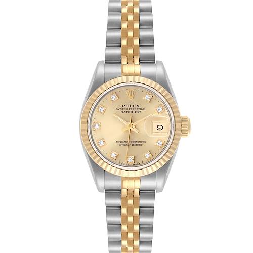The Rolex Datejust watch is shown from a front angle, highlighting the dial, bezel, crown, and bracelet.