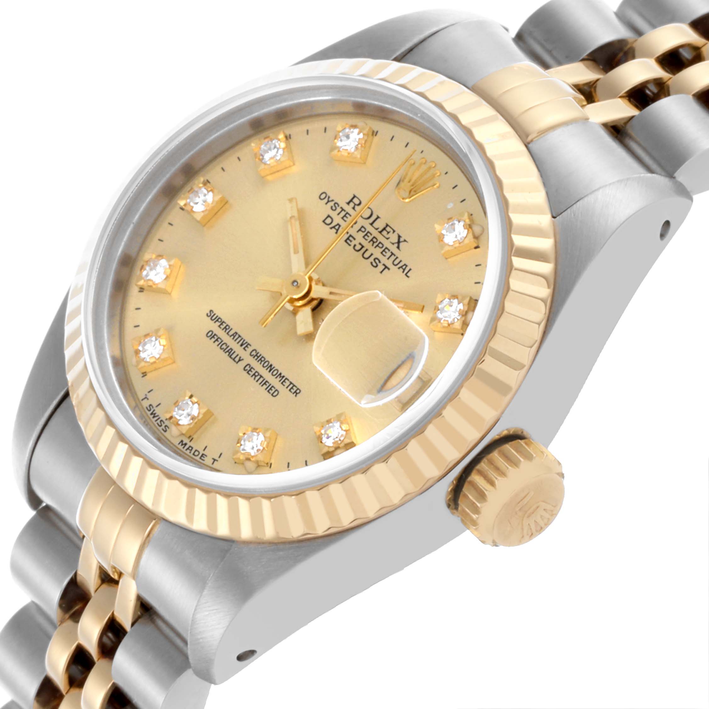 The Rolex Datejust 69173 Women's Steel and Gold (two tone) Champagne Dial 69173 Women's Steel and Gold (two tone) Champagne Dial watch is shown at a slight angle highlighting its gold and diamond-accented dial, bezel, and two-tone bracelet.