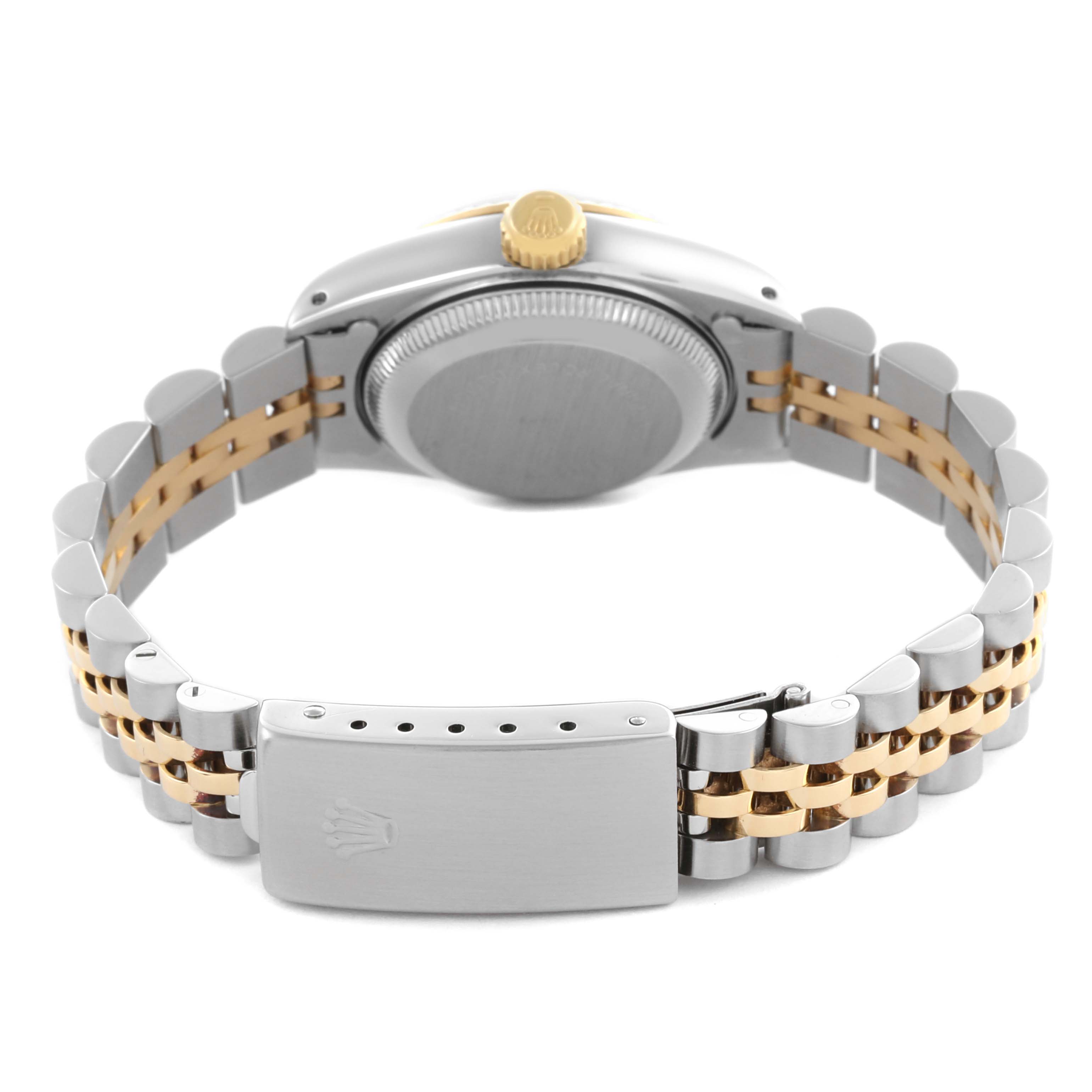 The image shows the back view of a Rolex Datejust 69173 Women's Steel and Gold (two tone) Champagne Dial 69173 Women's Steel and Gold (two tone) Champagne Dial watch, highlighting its two-tone bracelet and clasp.