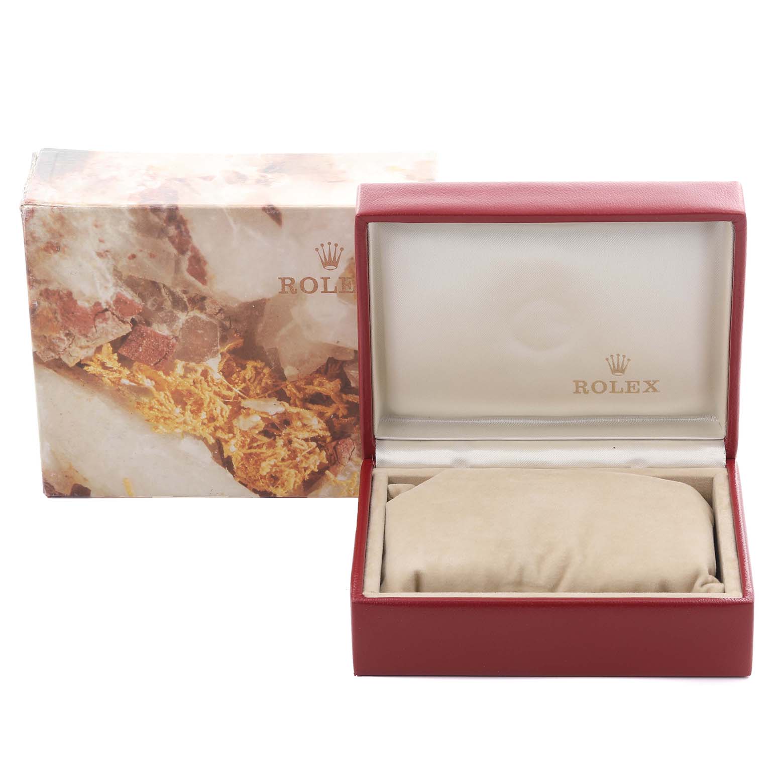 The image shows a Rolex Datejust 69173 Women's Steel and Gold (two tone) Champagne Dial 69173 Women's Steel and Gold (two tone) Champagne Dial box with a cushion inside, viewed from the front.