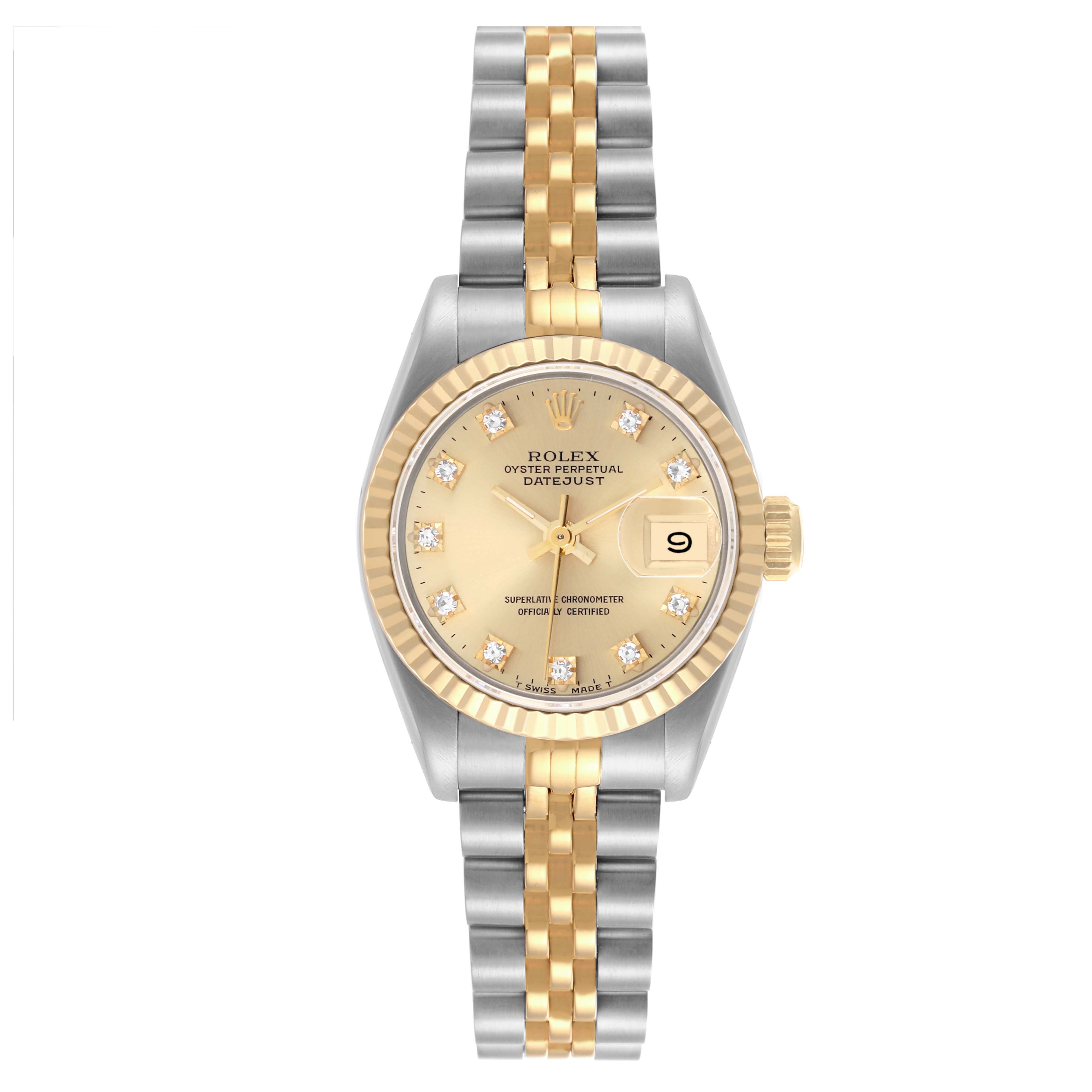 The image shows a Rolex Datejust 69173 Women's Steel and Gold (two tone) Champagne Dial 69173 Women's Steel and Gold (two tone) Champagne Dial watch from a top-down angle, featuring a gold and silver bracelet, fluted bezel, and date window.