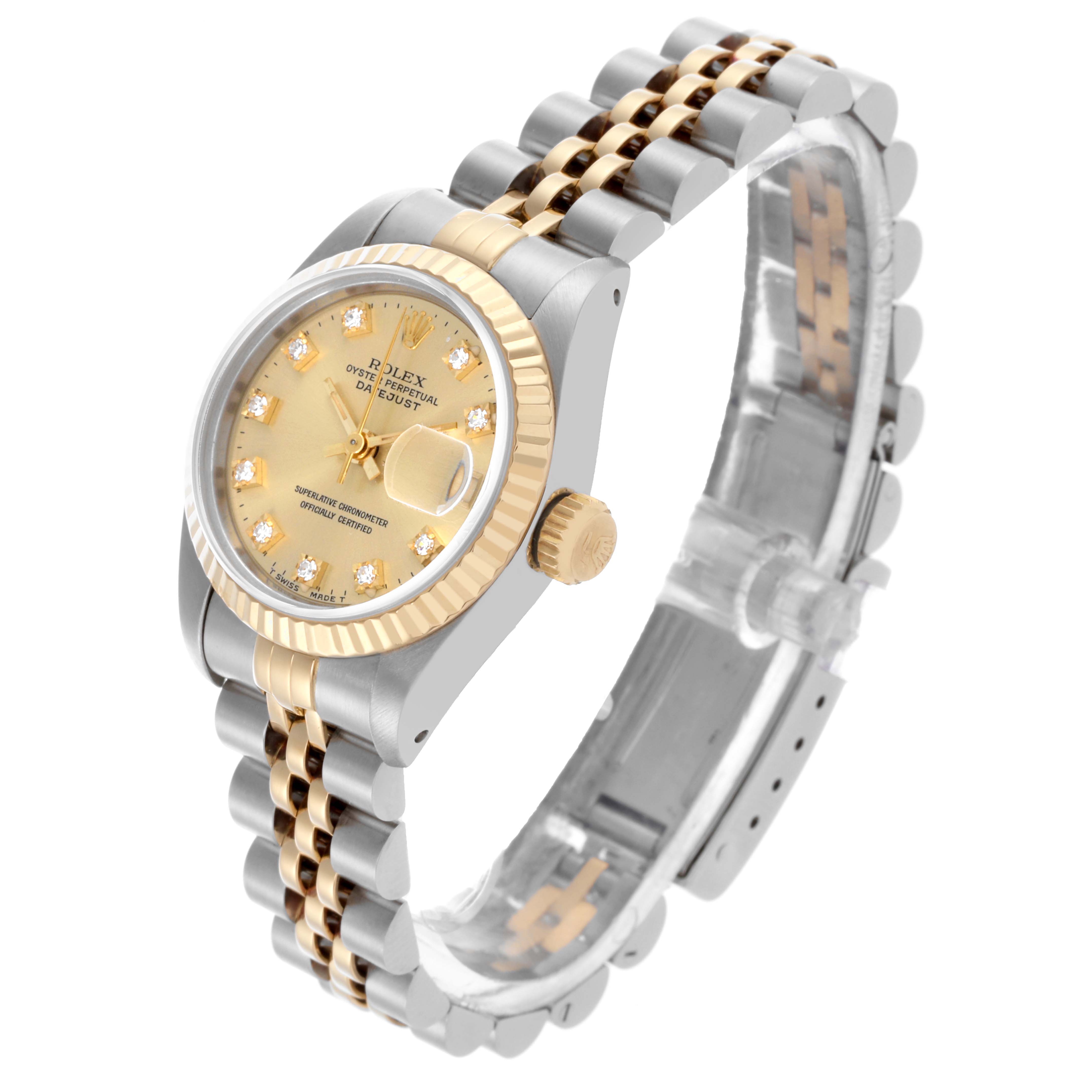 The Rolex Datejust 69173 Women's Steel and Gold (two tone) Champagne Dial 69173 Women's Steel and Gold (two tone) Champagne Dial watch is shown from a three-quarter angle, highlighting the dial, bezel, crown, and bracelet.