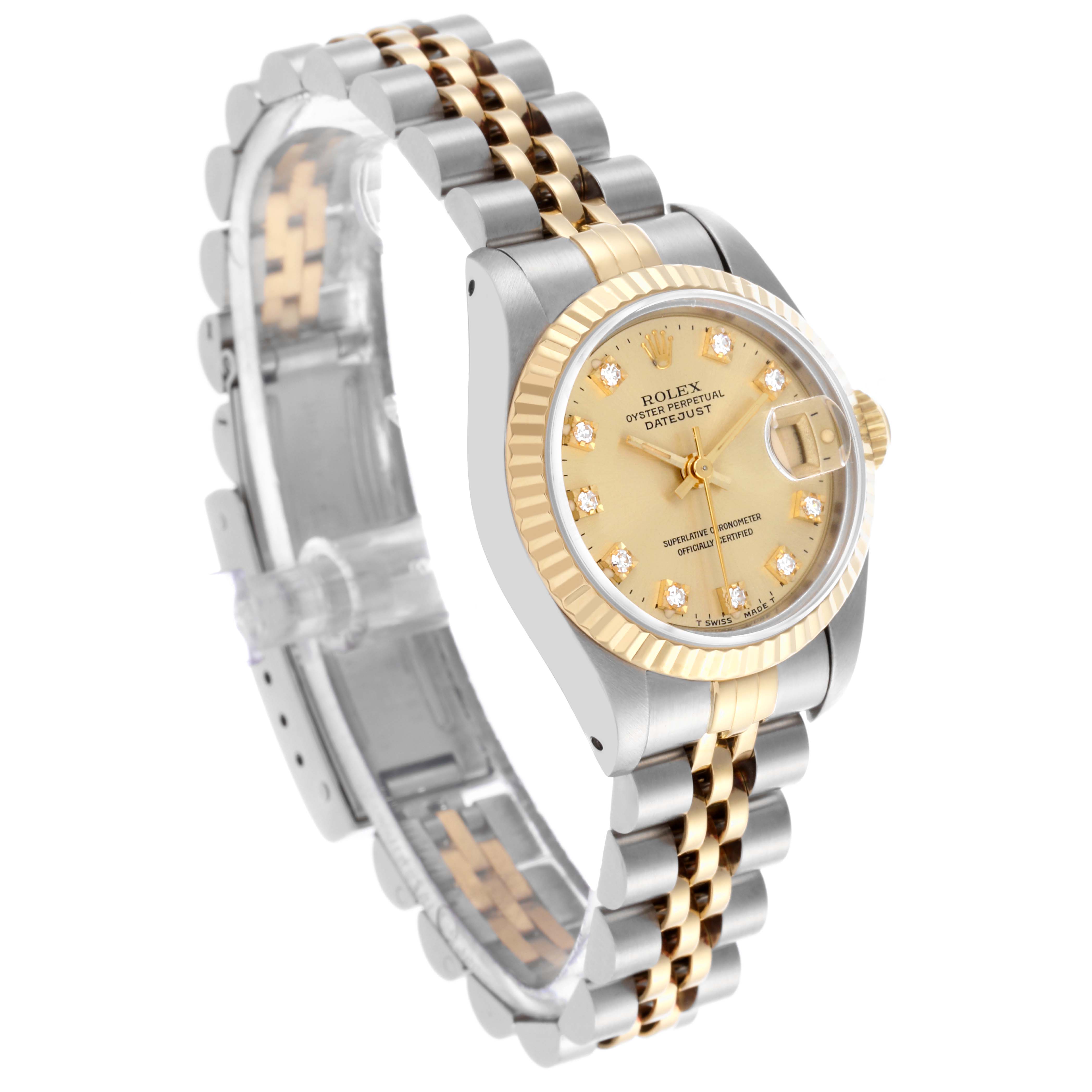 The Rolex Datejust 69173 Women's Steel and Gold (two tone) Champagne Dial 69173 Women's Steel and Gold (two tone) Champagne Dial watch is shown from an angled side view, highlighting the face, fluted bezel, and Jubilee bracelet.