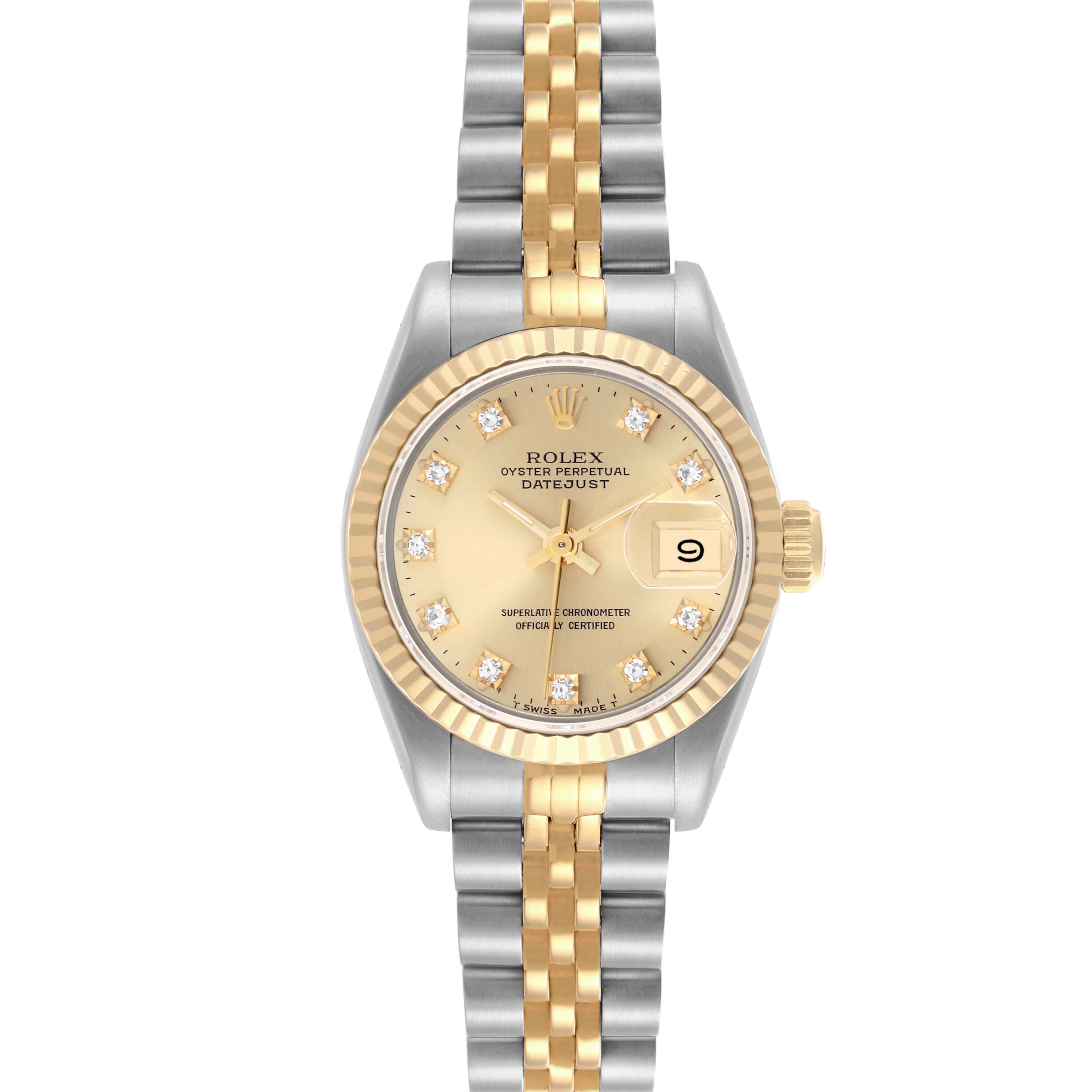 The Rolex Datejust 69173 Women's Steel and Gold (two tone) Champagne Dial 69173 Women's Steel and Gold (two tone) Champagne Dial watch is shown from the front, displaying its dial, bezel, and bracelet.