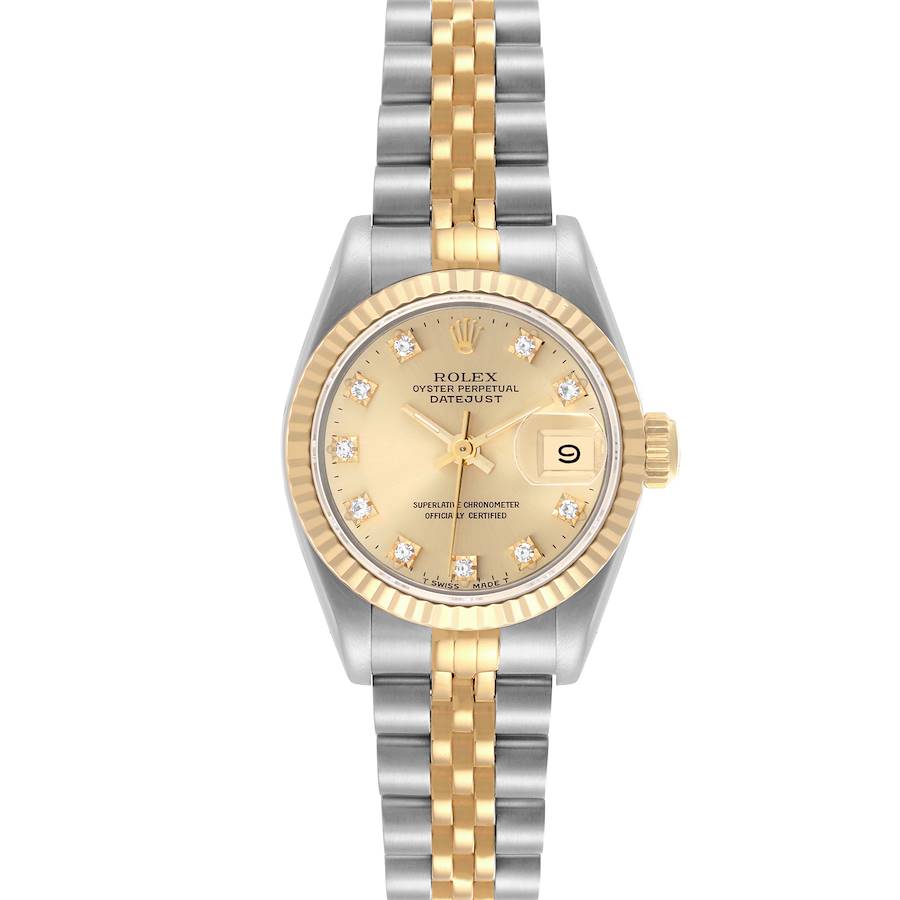 The Rolex Datejust watch is shown from the front, displaying its dial, bezel, and bracelet.