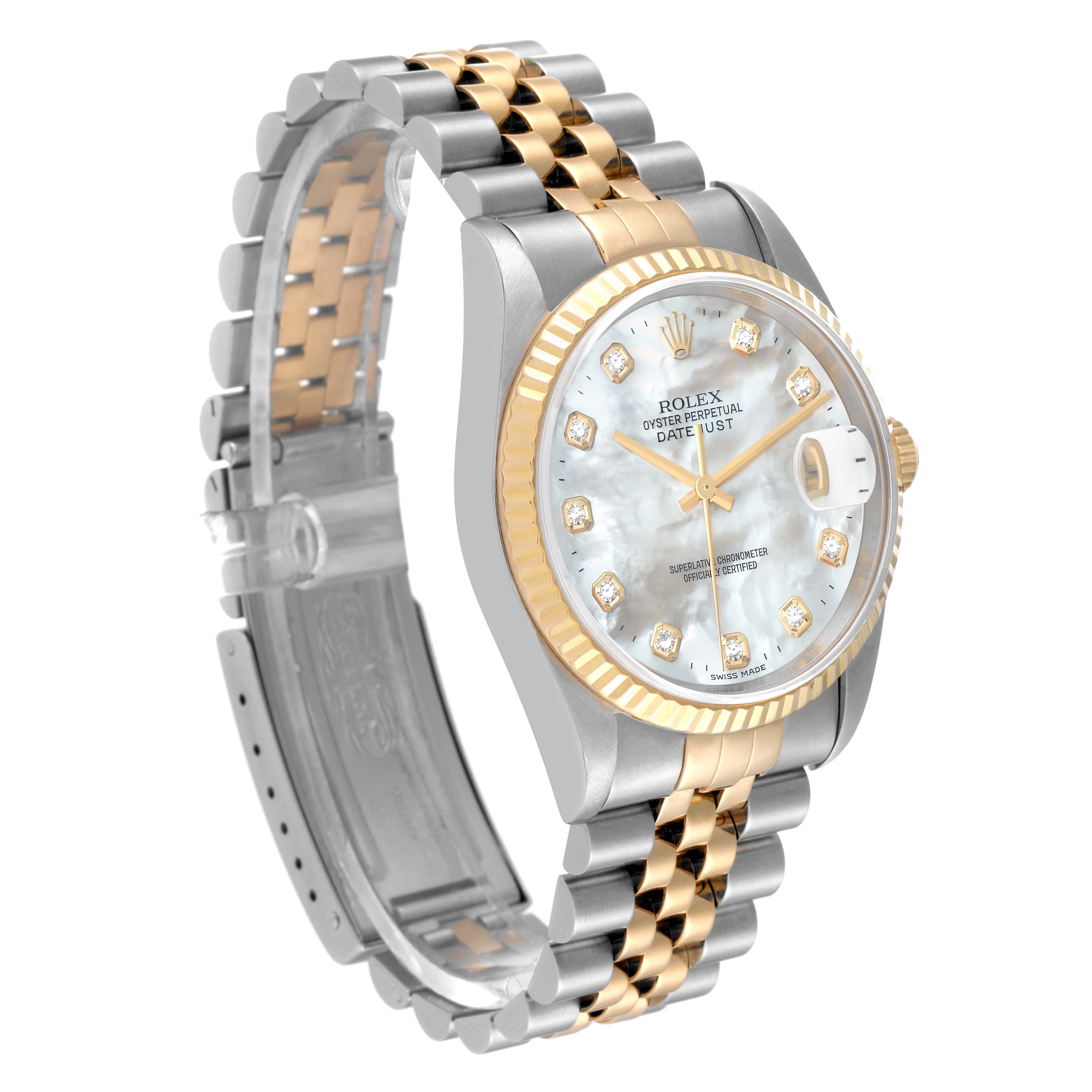 The image shows a Rolex Datejust 16233 Men's Steel and Gold (two tone) Mother of Pearl Dial 16233 Men's Steel and Gold (two tone) Mother of Pearl Dial watch at a three-quarter view, highlighting its gold and silver band, bezel, and dial.