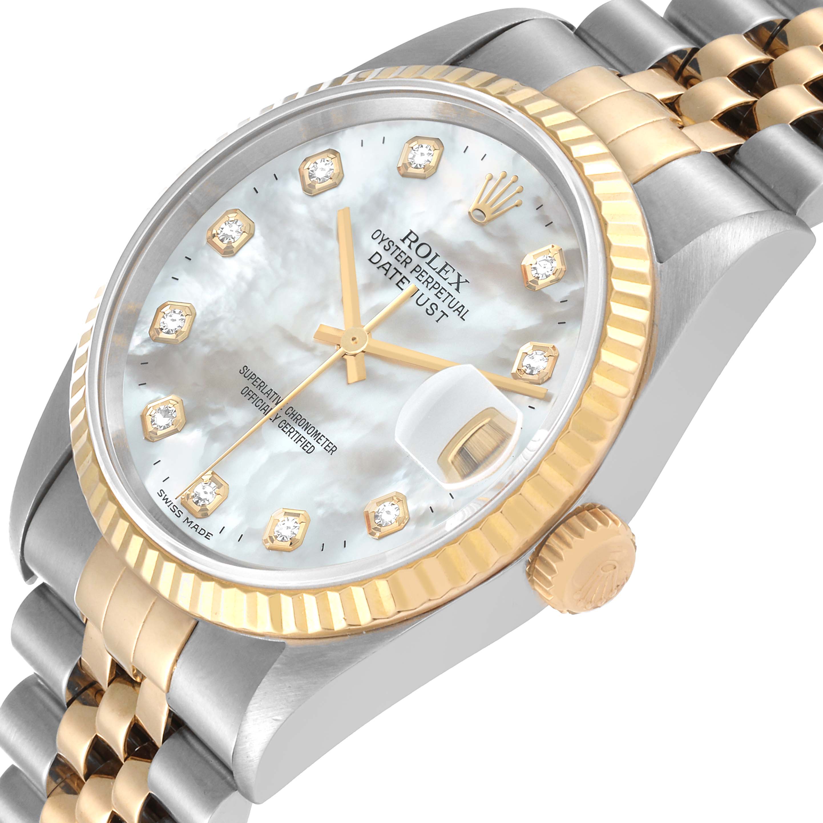 This image shows a close-up of a Rolex Datejust 16233 Men's Steel and Gold (two tone) Mother of Pearl Dial 16233 Men's Steel and Gold (two tone) Mother of Pearl Dial watch, highlighting its dial, crown, and part of the bracelet.