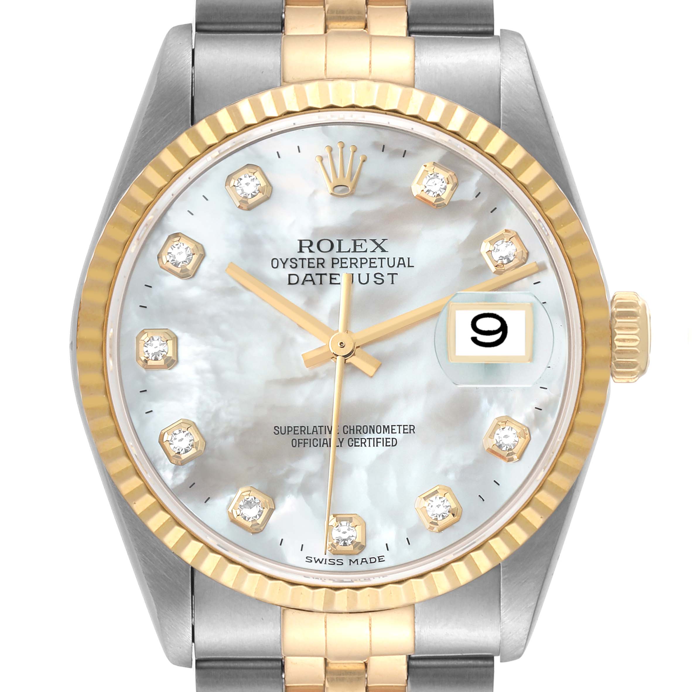 Rolex Datejust Steel Yellow Gold Mother of Pearl Diamond Dial Mens ...