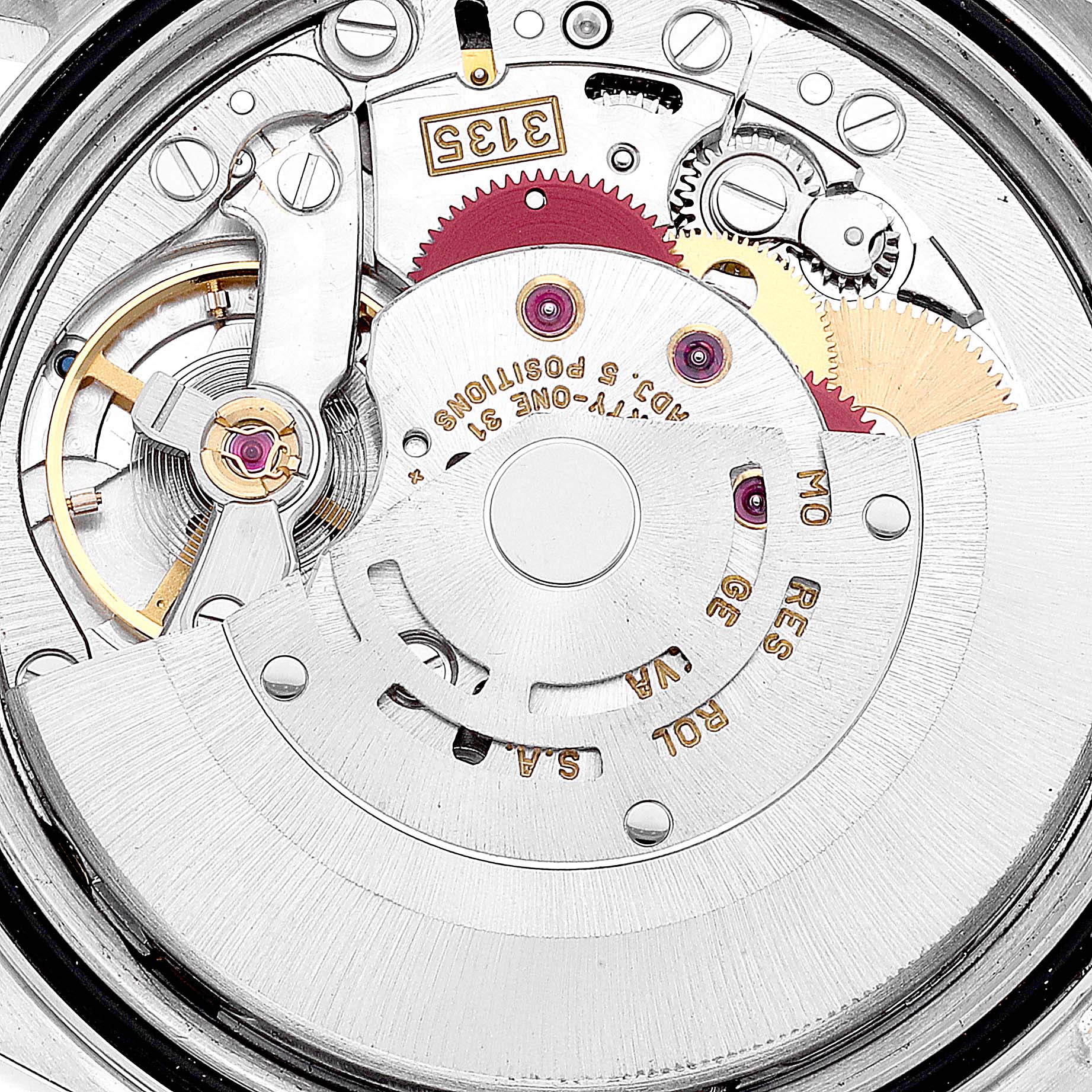 This close-up image shows the intricate internal mechanism of a Rolex Datejust 16233 Men's Steel and Gold (two tone) Mother of Pearl Dial 16233 Men's Steel and Gold (two tone) Mother of Pearl Dial watch movement.