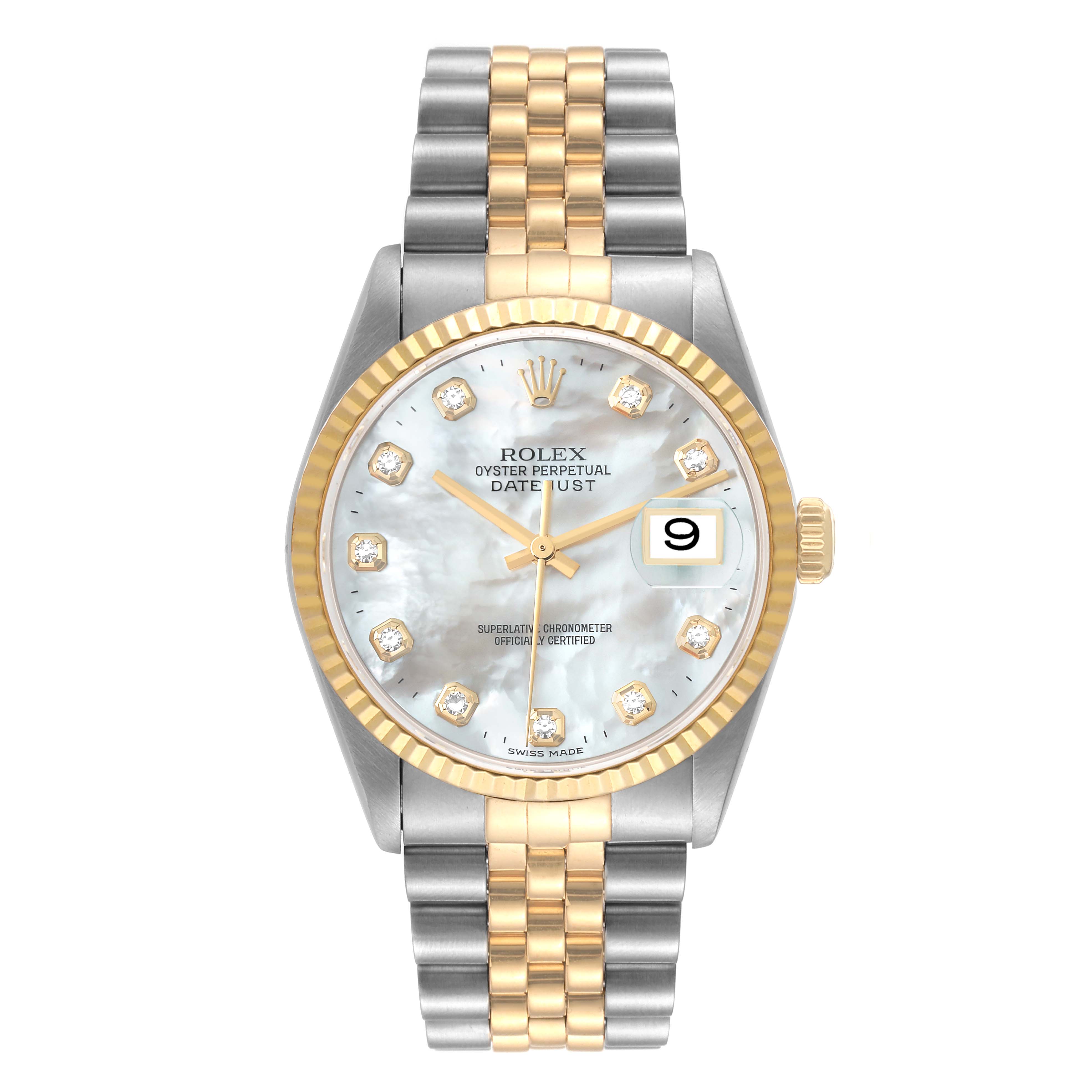 This image shows the front view of a Rolex Datejust 16233 Men's Steel and Gold (two tone) Mother of Pearl Dial 16233 Men's Steel and Gold (two tone) Mother of Pearl Dial watch, featuring a two-tone bracelet and a mother-of-pearl dial with diamond hour markers.