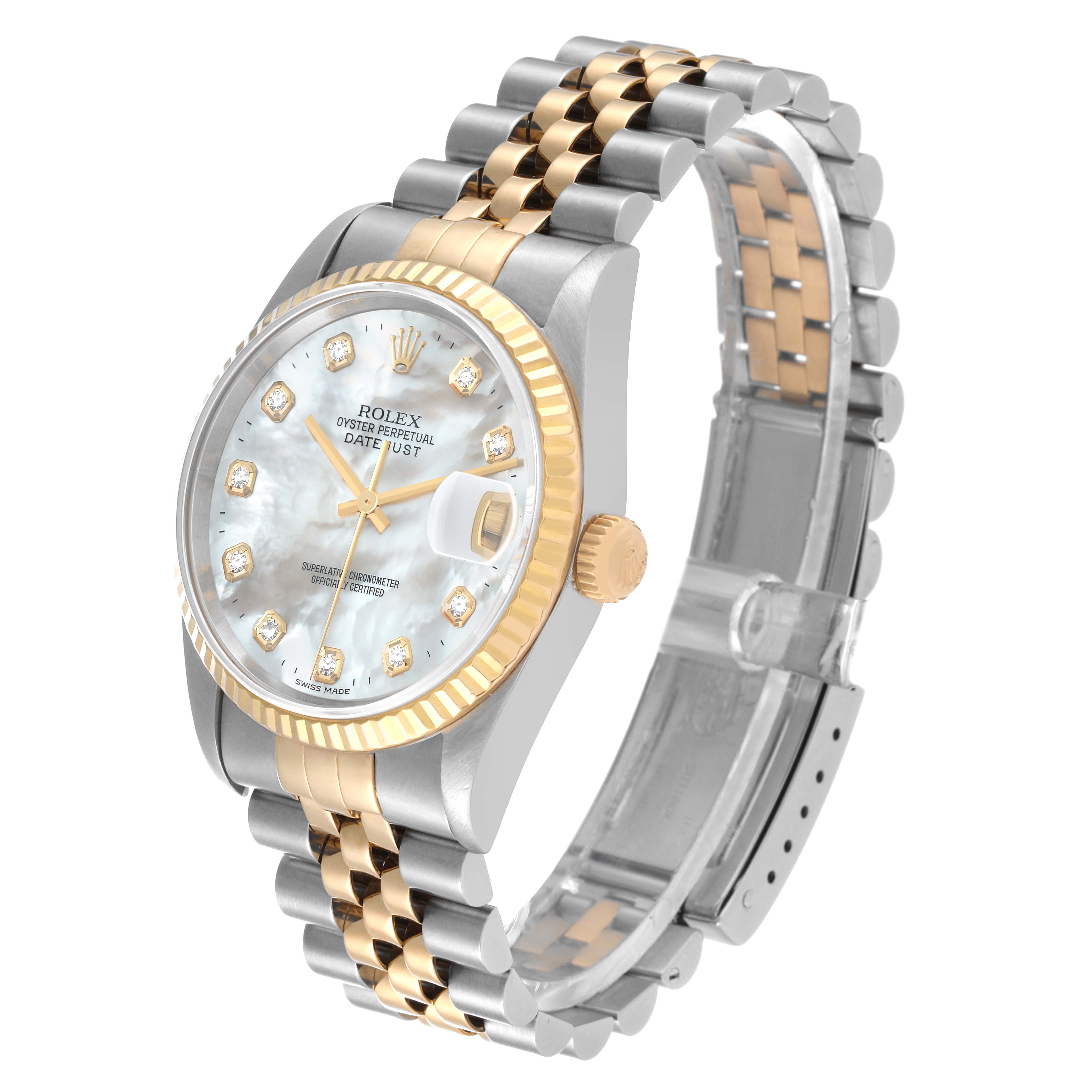 The image shows a Rolex Datejust 16233 Men's Steel and Gold (two tone) Mother of Pearl Dial 16233 Men's Steel and Gold (two tone) Mother of Pearl Dial watch at a slight angle, highlighting the dial, bezel, crown, and Jubilee bracelet.
