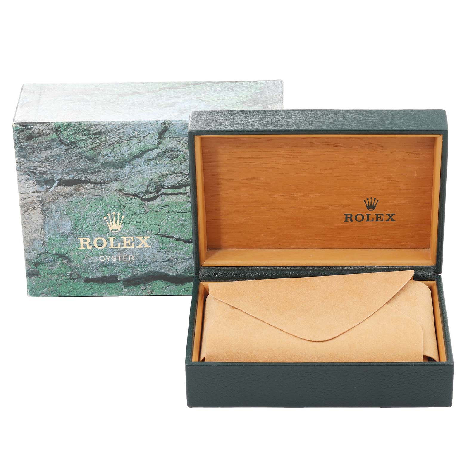 This image shows an open Rolex Datejust 16233 Men's Steel and Gold (two tone) Mother of Pearl Dial 16233 Men's Steel and Gold (two tone) Mother of Pearl Dial watch box and its green outer packaging, with an enclosed envelope inside the box.