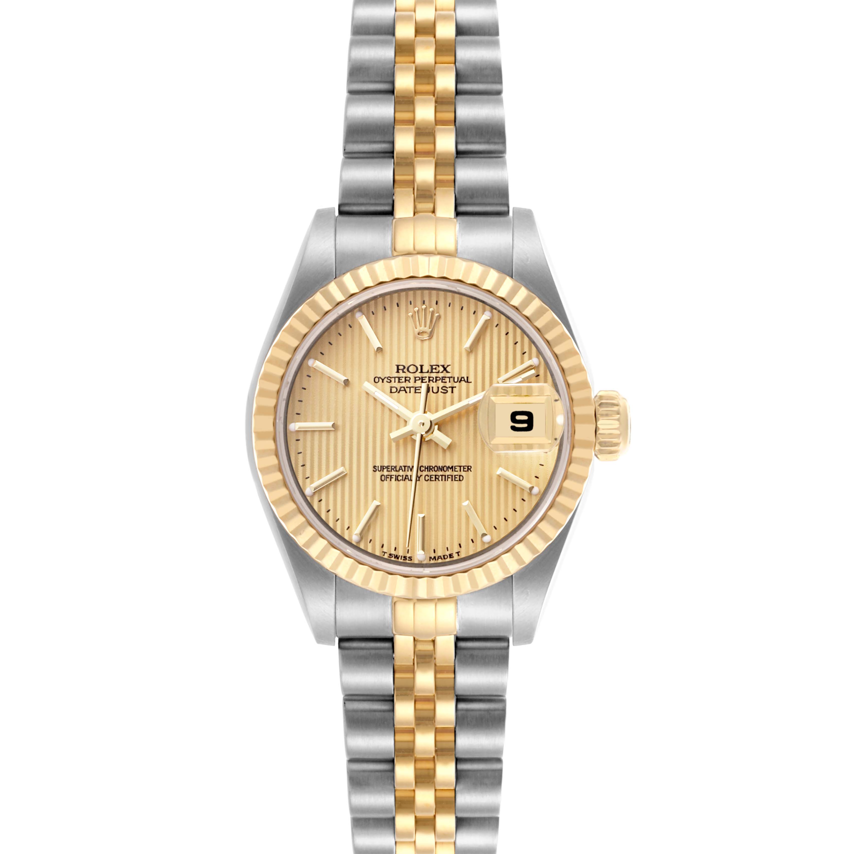 The Rolex Datejust 79173 Women's Steel and Gold (two tone) Champagne Dial 79173 Women's Steel and Gold (two tone) Champagne Dial watch is shown from a front angle, displaying the dial, bezel, and bracelet.