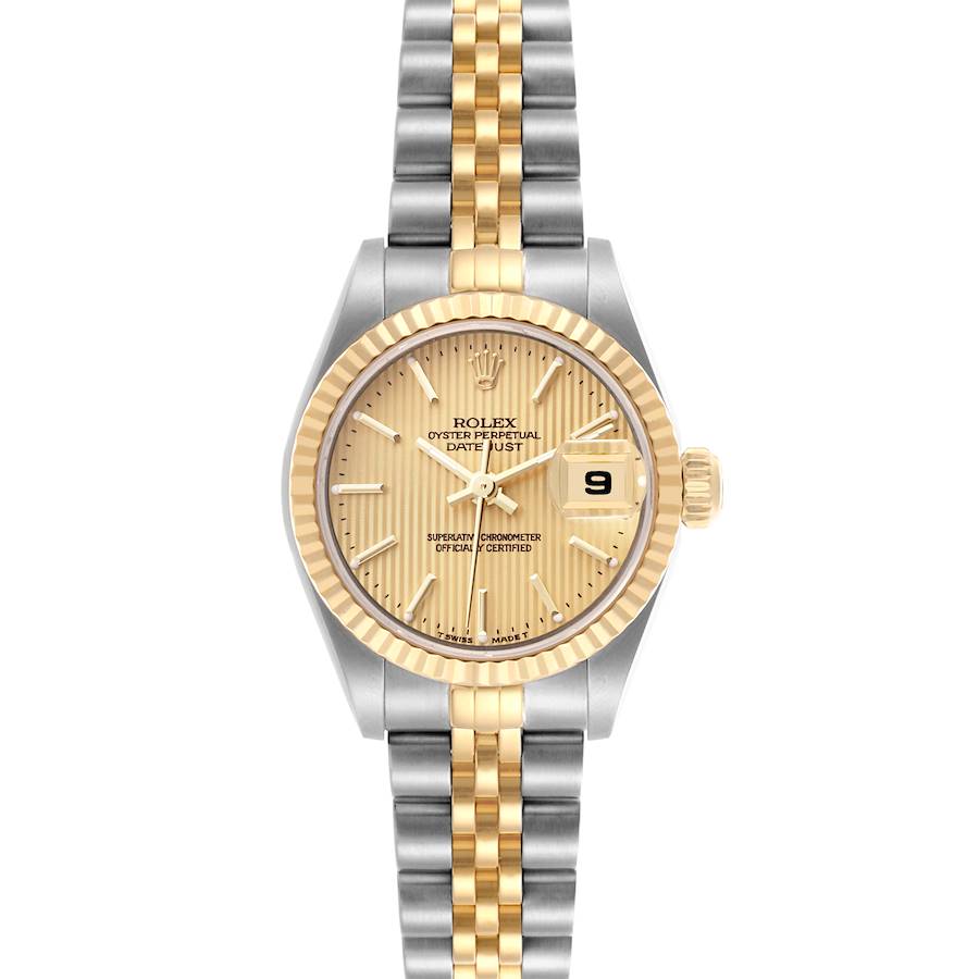 The Rolex Datejust watch is shown from a front angle, displaying the dial, bezel, and bracelet.