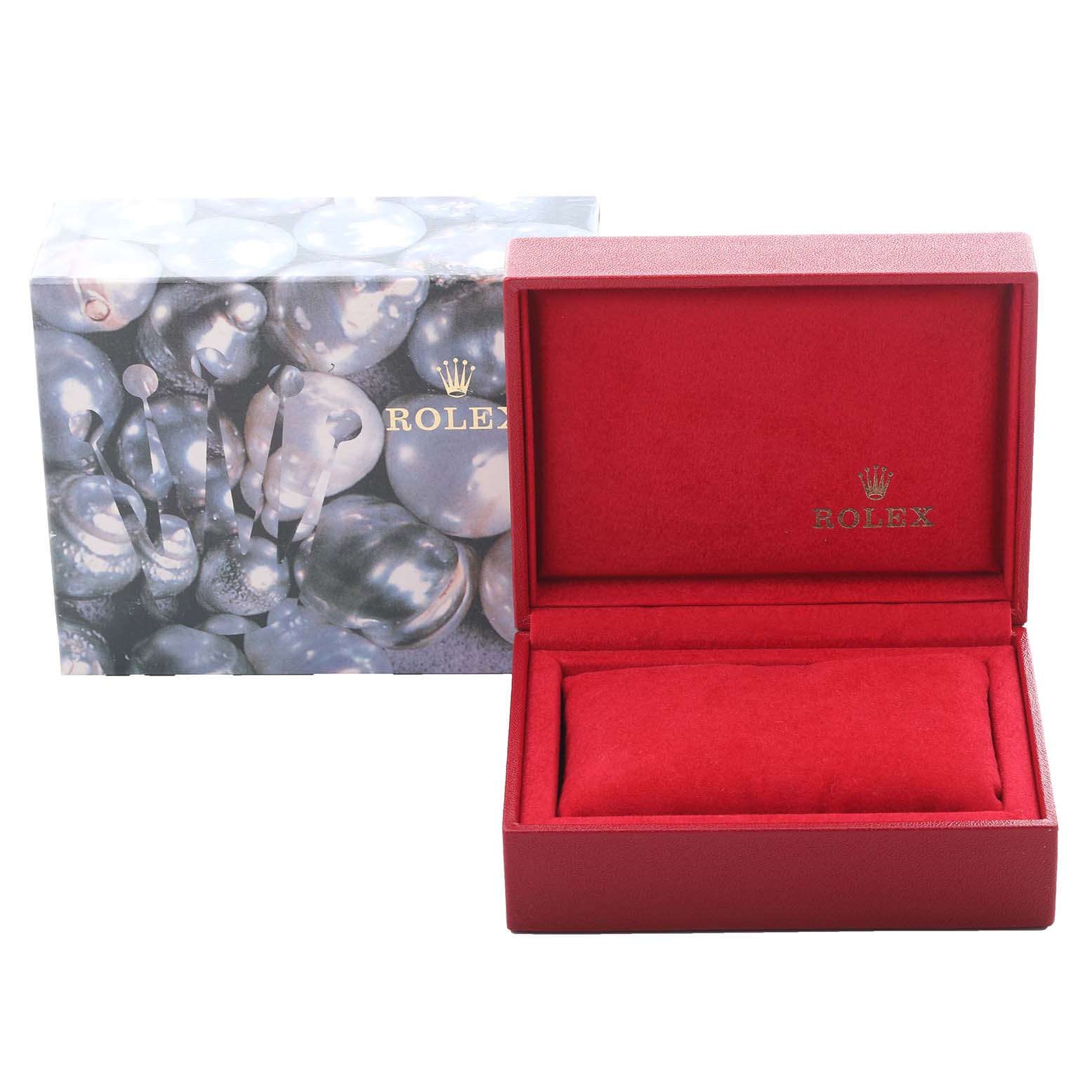 The image shows a Rolex Datejust 79173 Women's Steel and Gold (two tone) Champagne Dial 79173 Women's Steel and Gold (two tone) Champagne Dial watch box and outer packaging from a front angle, with the interior watch cushion visible.