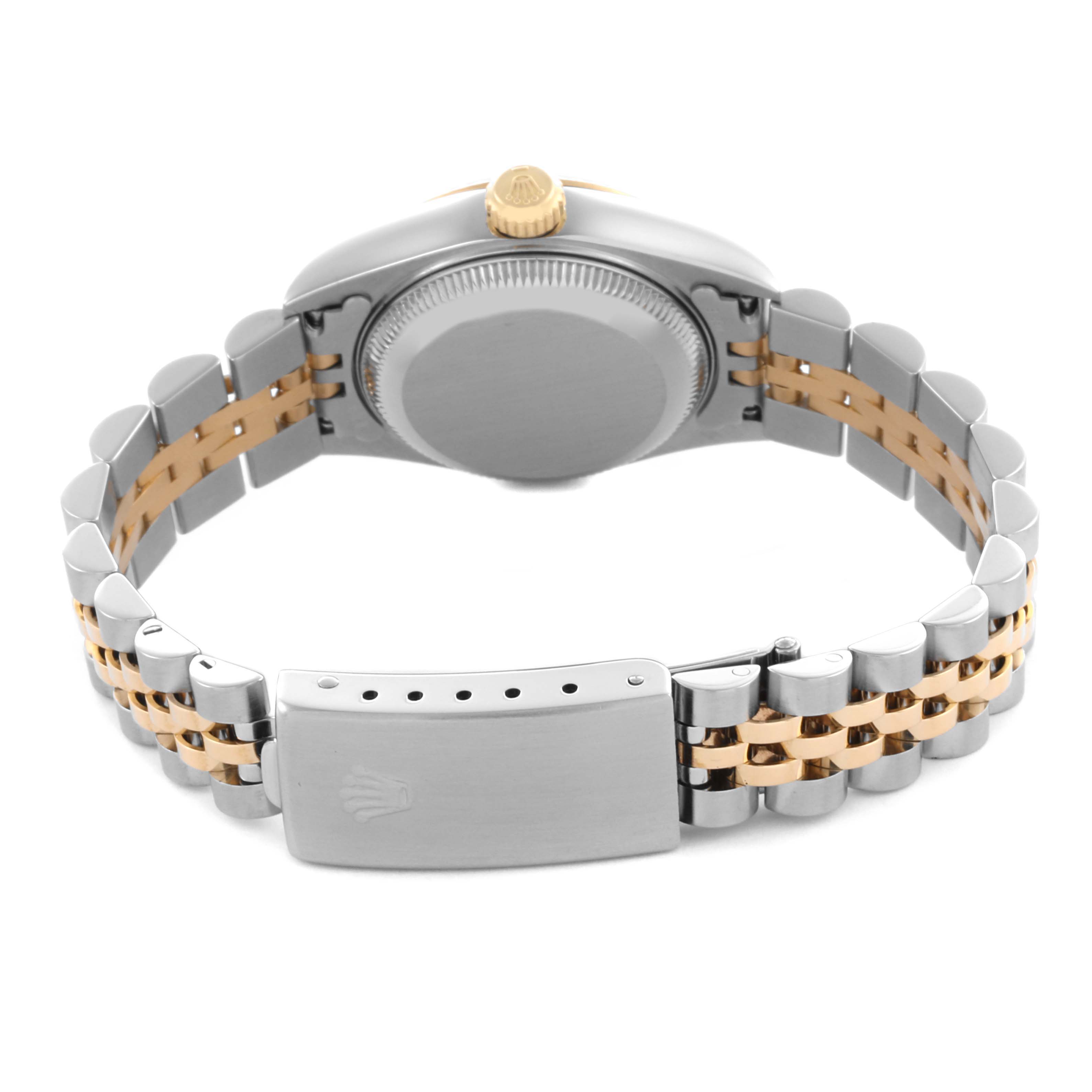 The image shows the back view of a Rolex Datejust 79173 Women's Steel and Gold (two tone) Champagne Dial 79173 Women's Steel and Gold (two tone) Champagne Dial watch, highlighting the case back, crown, and jubilee bracelet with clasp.