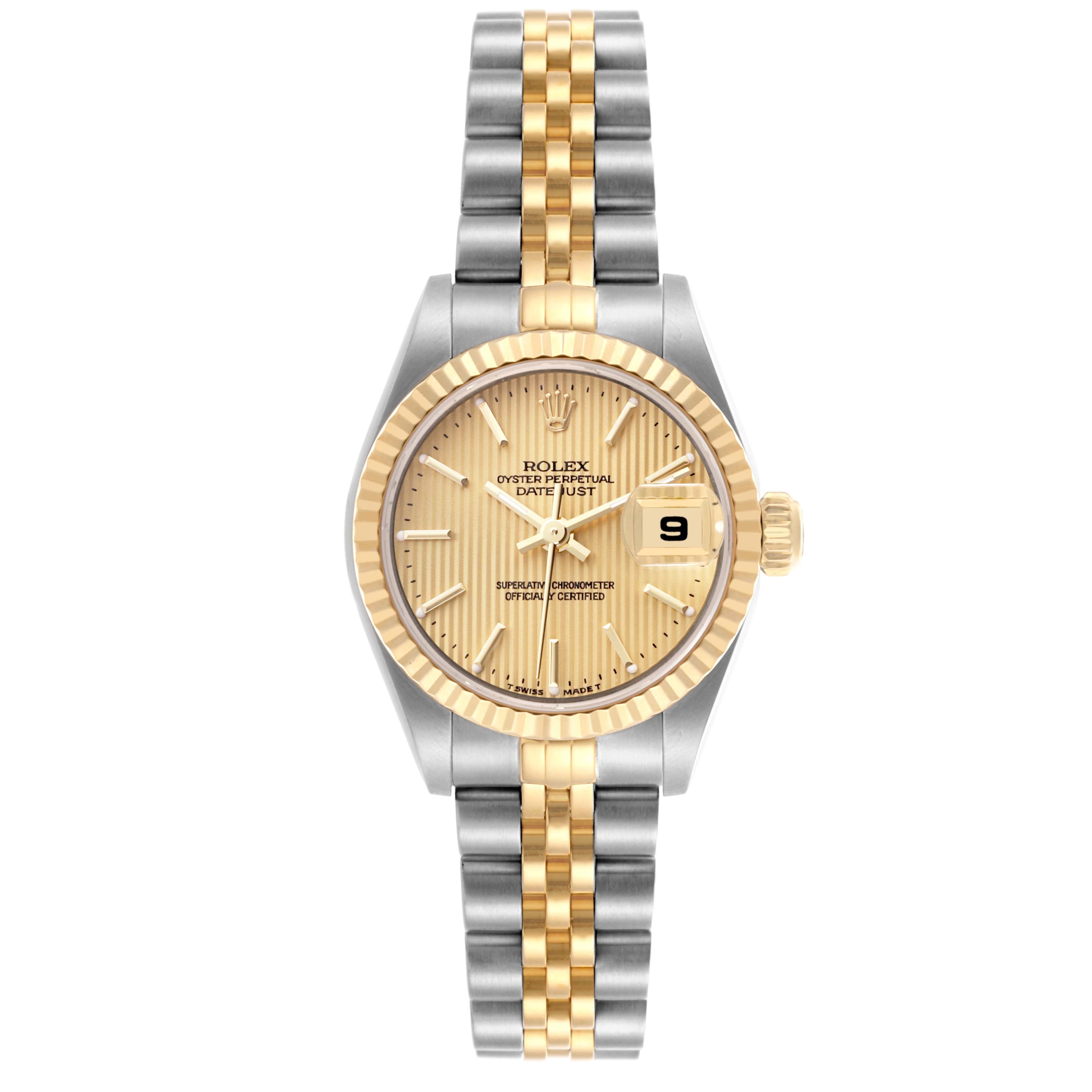 The image shows a frontal view of a Rolex Datejust 79173 Women's Steel and Gold (two tone) Champagne Dial 79173 Women's Steel and Gold (two tone) Champagne Dial, highlighting the dial, bezel, and Jubilee bracelet.