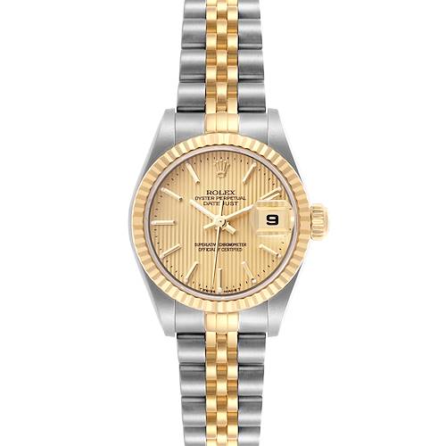 The Rolex Datejust watch is shown from a front angle, highlighting the dial, hands, bezel, and bracelet.