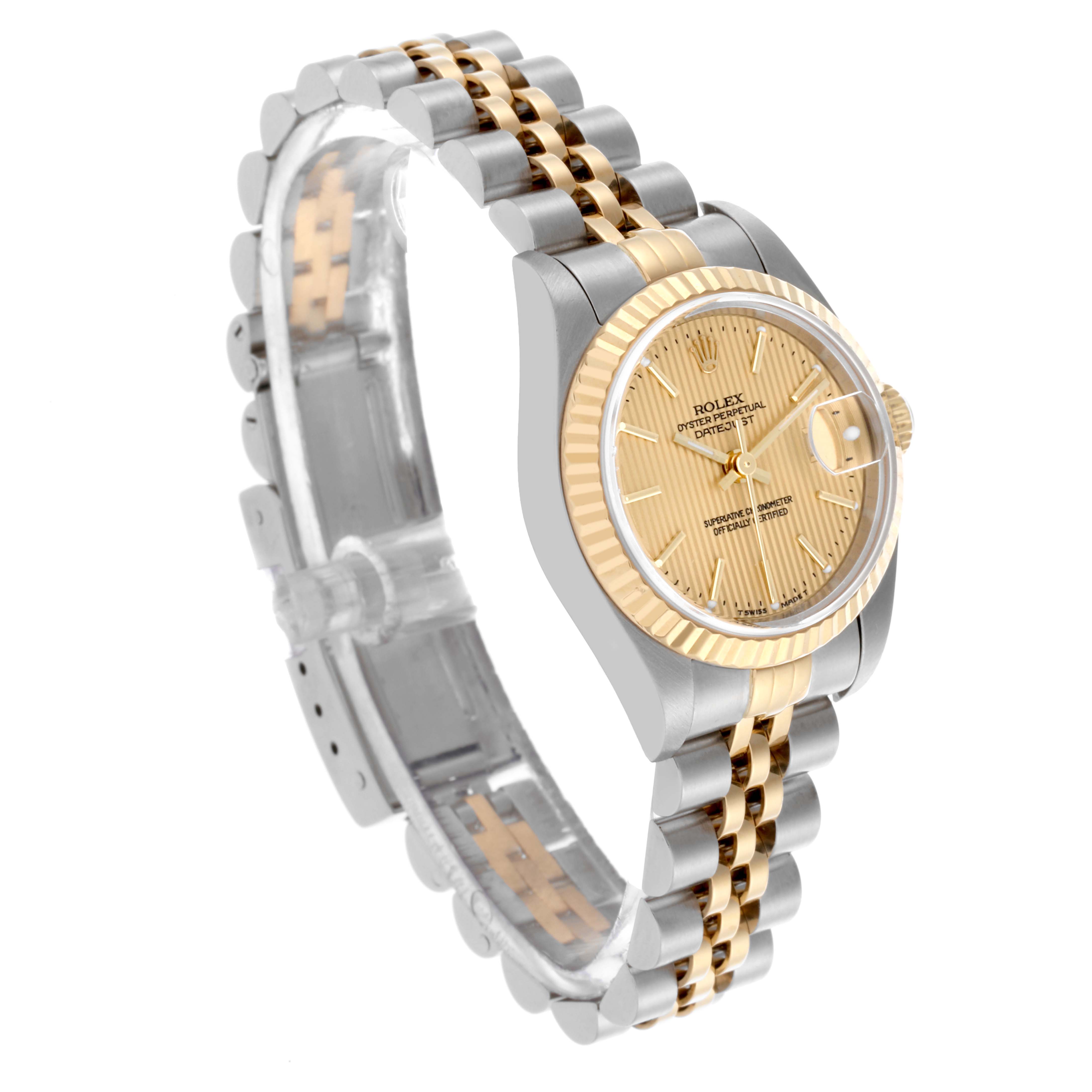 The Rolex Datejust 79173 Women's Steel and Gold (two tone) Champagne Dial 79173 Women's Steel and Gold (two tone) Champagne Dial watch is shown at a three-quarter angle, highlighting the face, fluted bezel, and two-tone Jubilee bracelet.