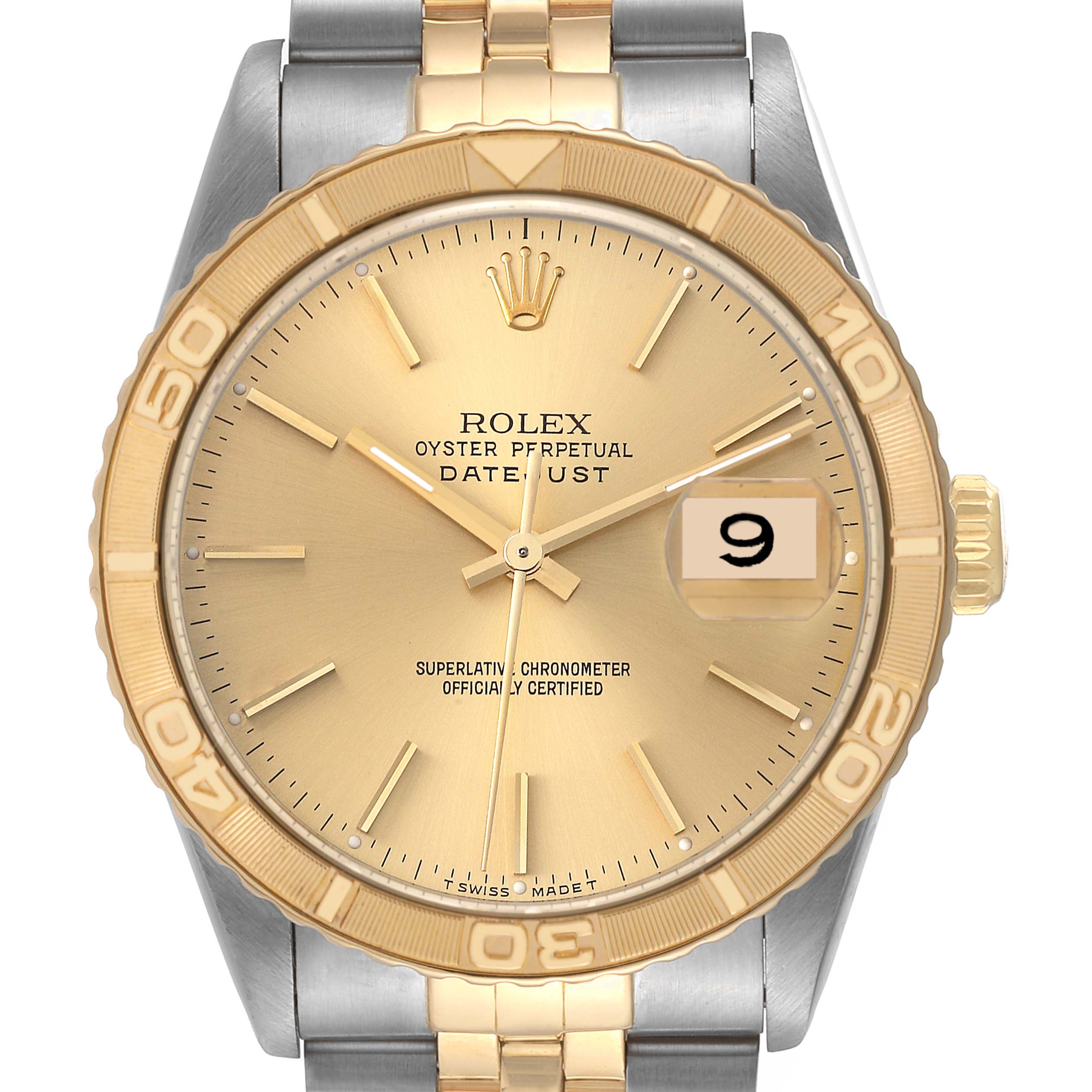 This image shows a front view of the Rolex Turn-o-Graph 16263 Men's Steel and Gold (two tone) Champagne Dial 16263 Men's Steel and Gold (two tone) Champagne Dial watch, highlighting the dial, bezel, and part of the bracelet.
