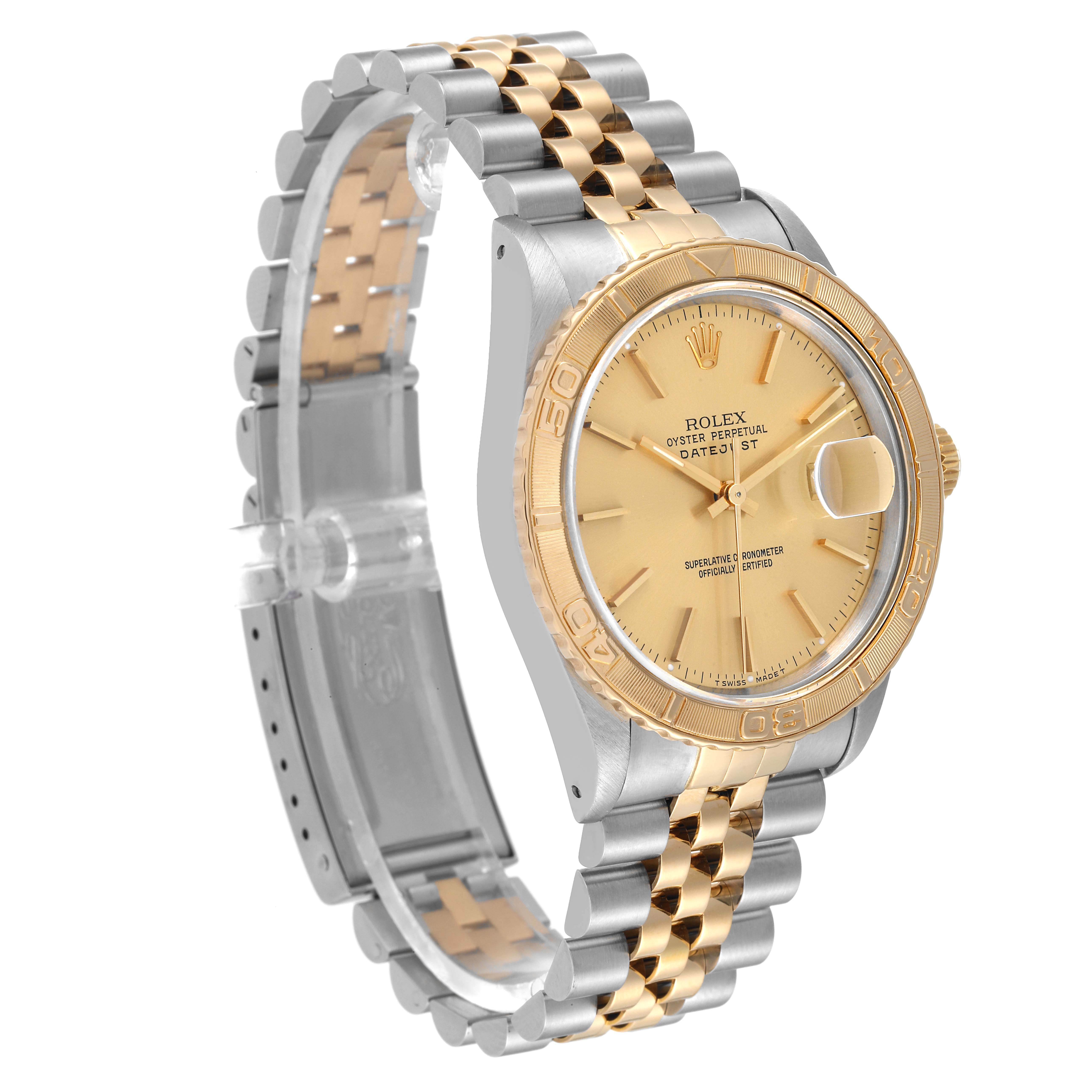 This image shows the Rolex Turn-o-Graph 16263 Men's Steel and Gold (two tone) Champagne Dial 16263 Men's Steel and Gold (two tone) Champagne Dial watch at a three-quarter angle, highlighting the face, bezel, and bracelet.
