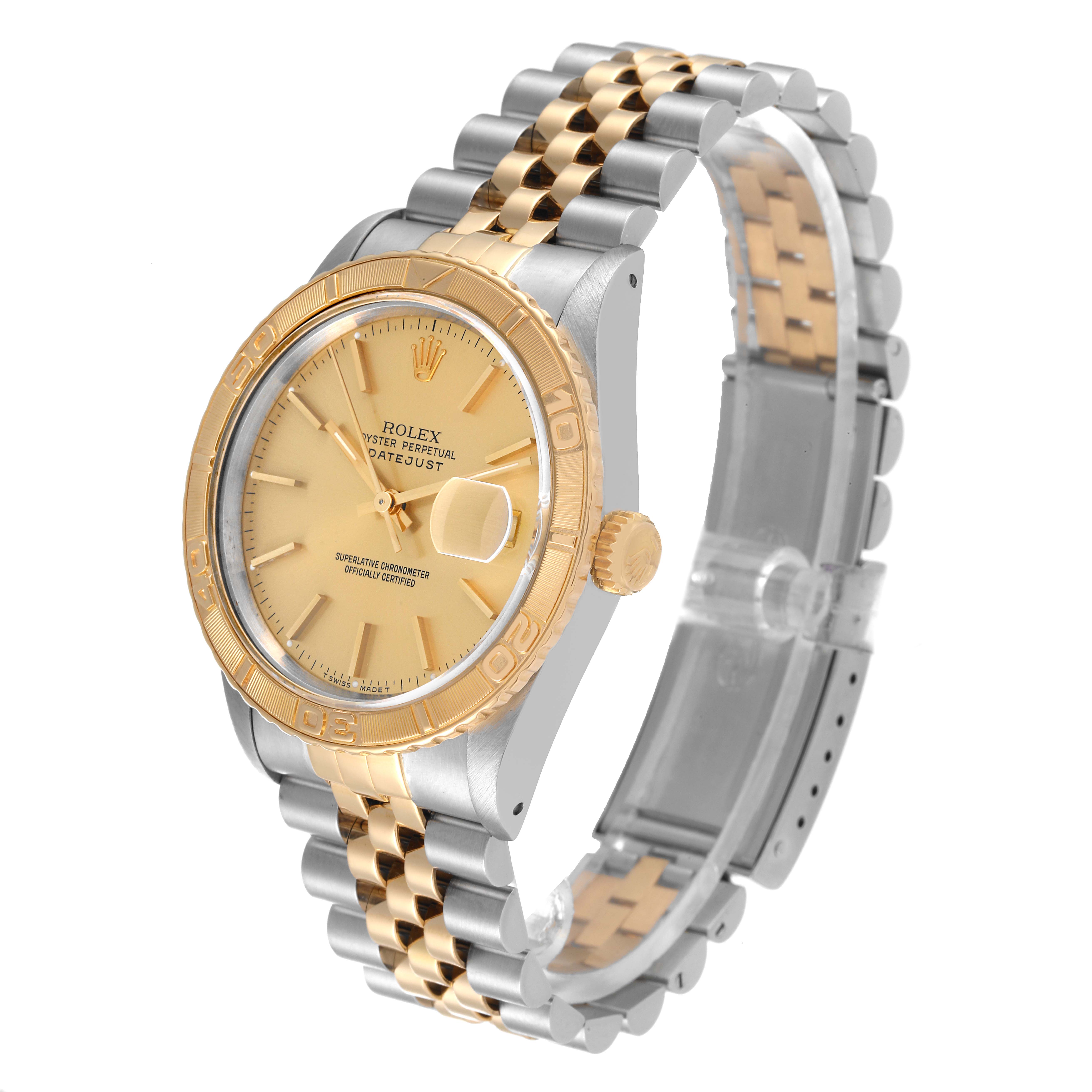 The image shows a Rolex Turn-o-Graph 16263 Men's Steel and Gold (two tone) Champagne Dial 16263 Men's Steel and Gold (two tone) Champagne Dial watch at a 3/4 angle, highlighting its gold bezel, dial, and two-tone metal bracelet.