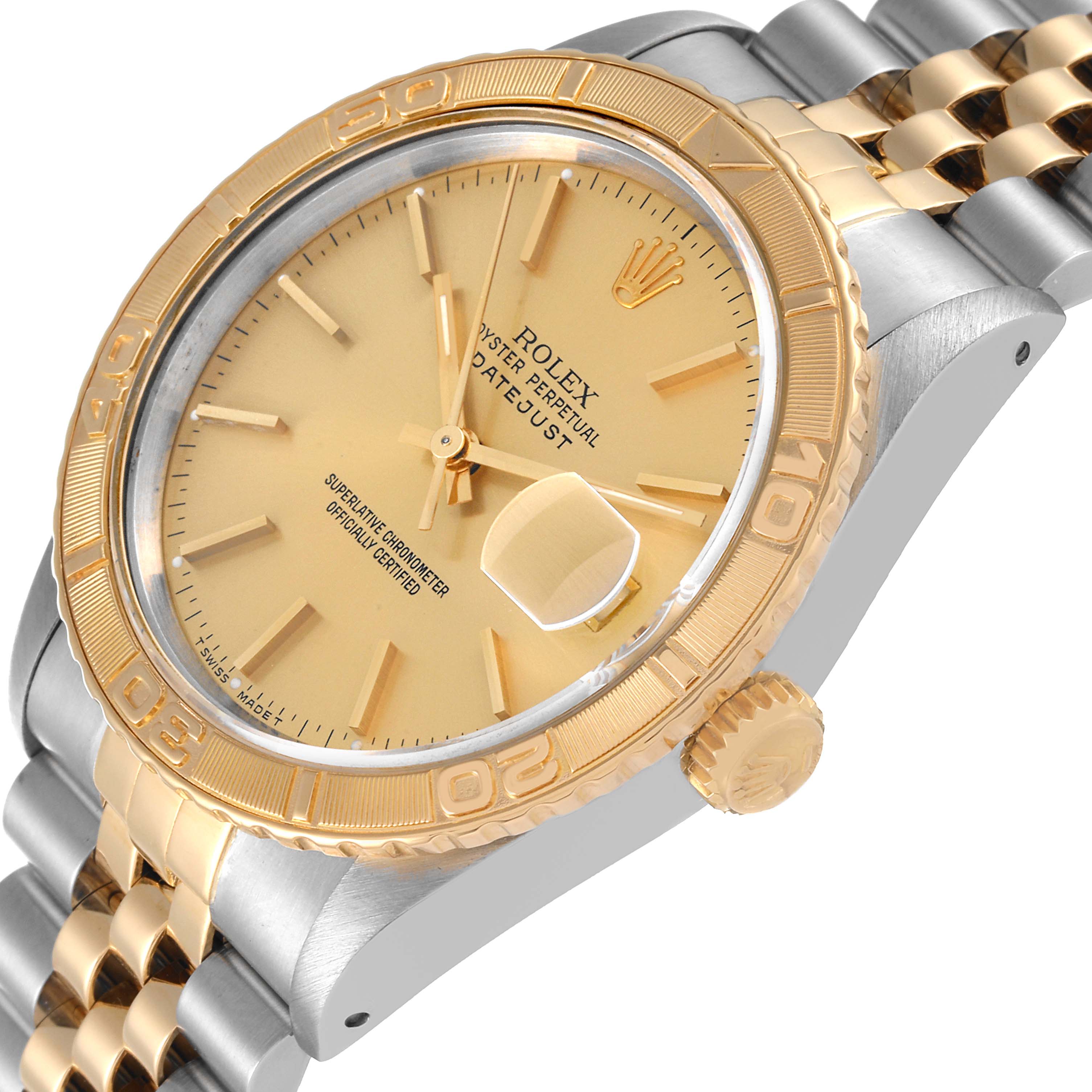 The image shows a close-up angled view of the Rolex Turn-o-Graph 16263 Men's Steel and Gold (two tone) Champagne Dial 16263 Men's Steel and Gold (two tone) Champagne Dial watch, highlighting its bezel, dial, and bracelet.