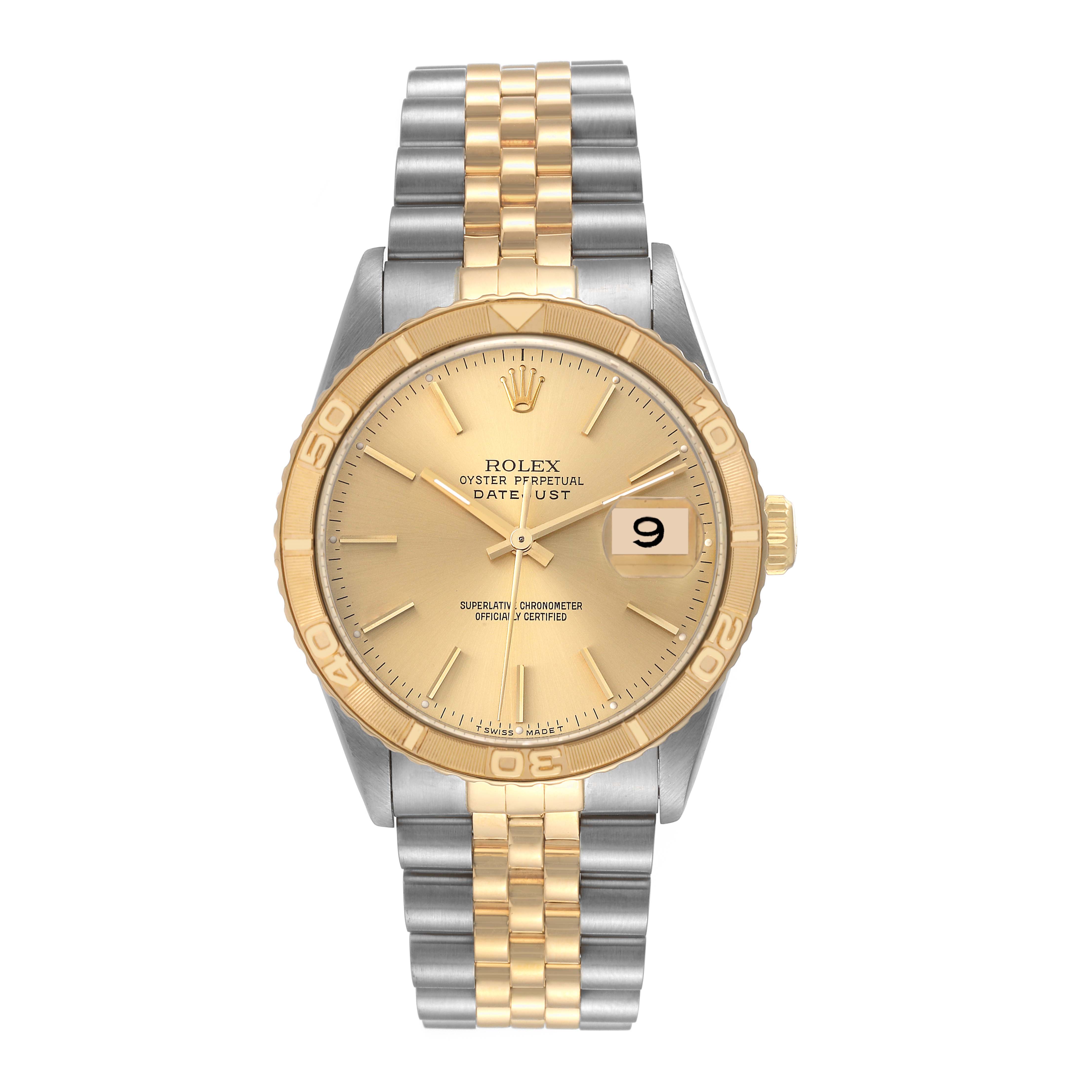 This image shows a front view of a Rolex Turn-o-Graph 16263 Men's Steel and Gold (two tone) Champagne Dial 16263 Men's Steel and Gold (two tone) Champagne Dial watch, displaying the dial, bezel, and two-tone bracelet.