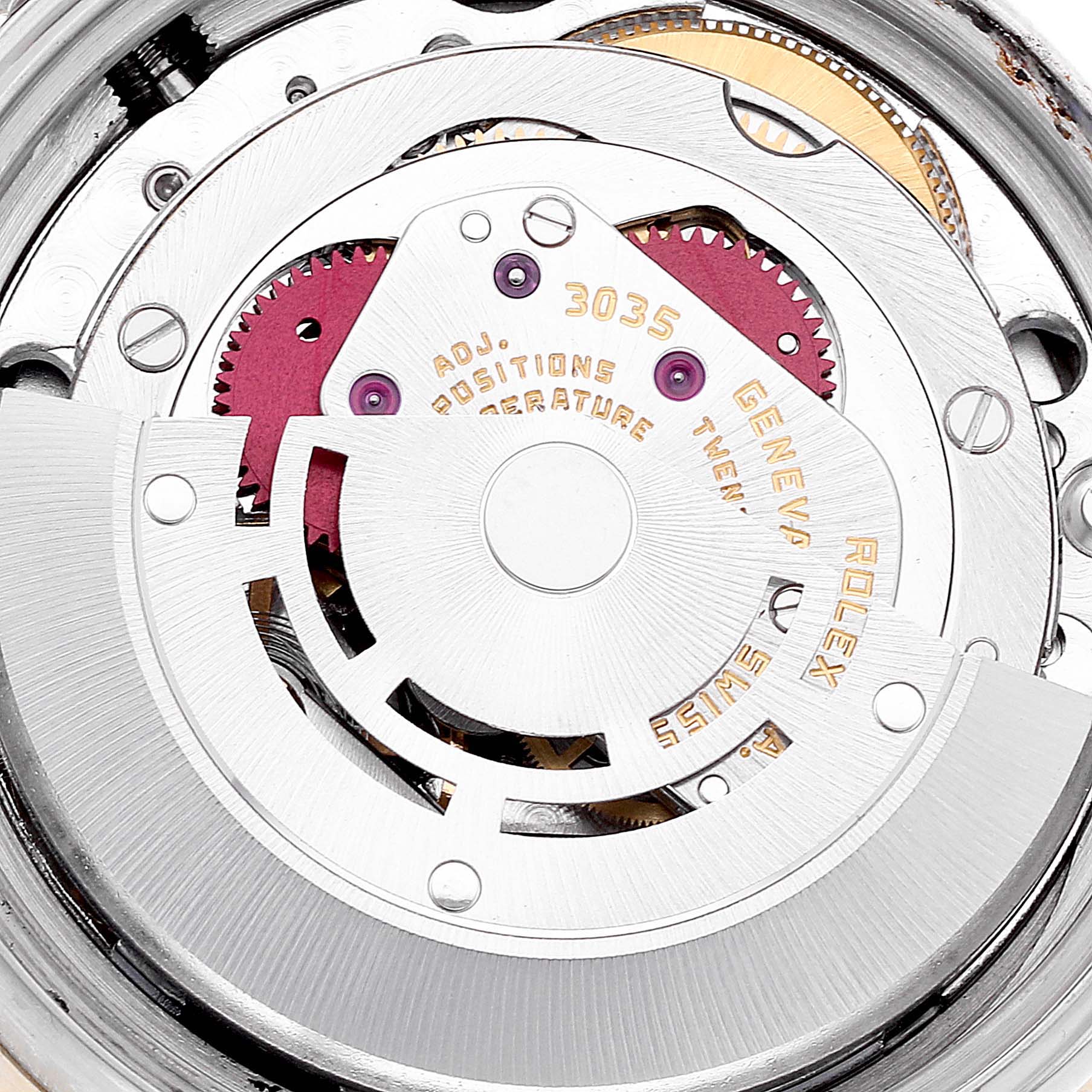 Close-up of the internal mechanism of a Rolex Vintage Collection 16253 Men's Steel and Gold (two tone) White Dial 16253 Men's Steel and Gold (two tone) White Dial watch, showcasing gears and the rotor.
