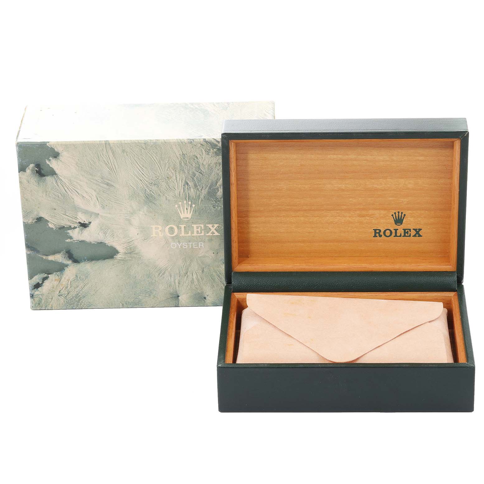 This image shows a wide view of the packaging for a Rolex Vintage Collection 16253 Men's Steel and Gold (two tone) White Dial 16253 Men's Steel and Gold (two tone) White Dial watch, featuring its box and a leather pouch.