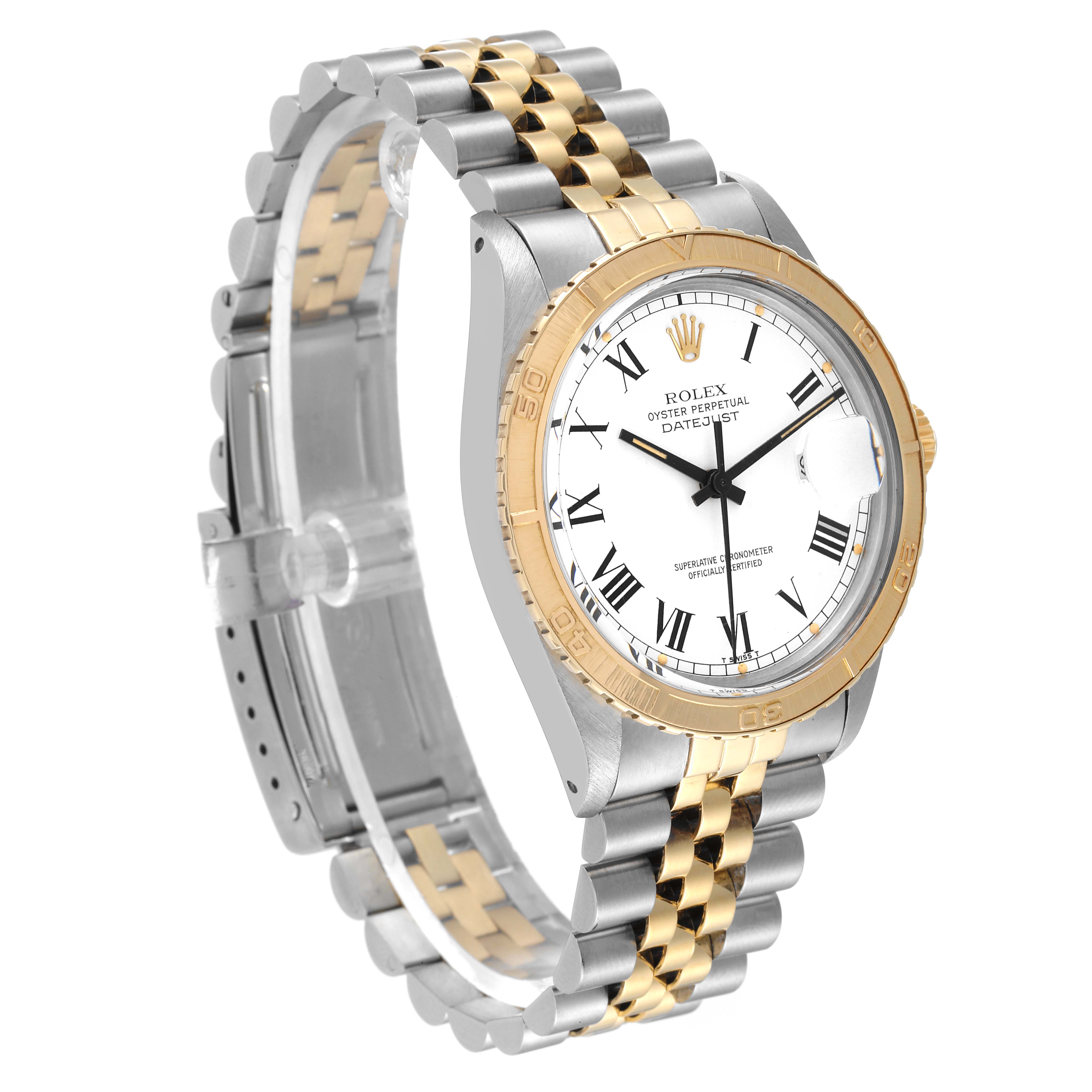 The Rolex Vintage Collection 16253 Men's Steel and Gold (two tone) White Dial 16253 Men's Steel and Gold (two tone) White Dial model is shown at an angled view, highlighting its two-tone bracelet, gold bezel, and white dial with Roman numerals.