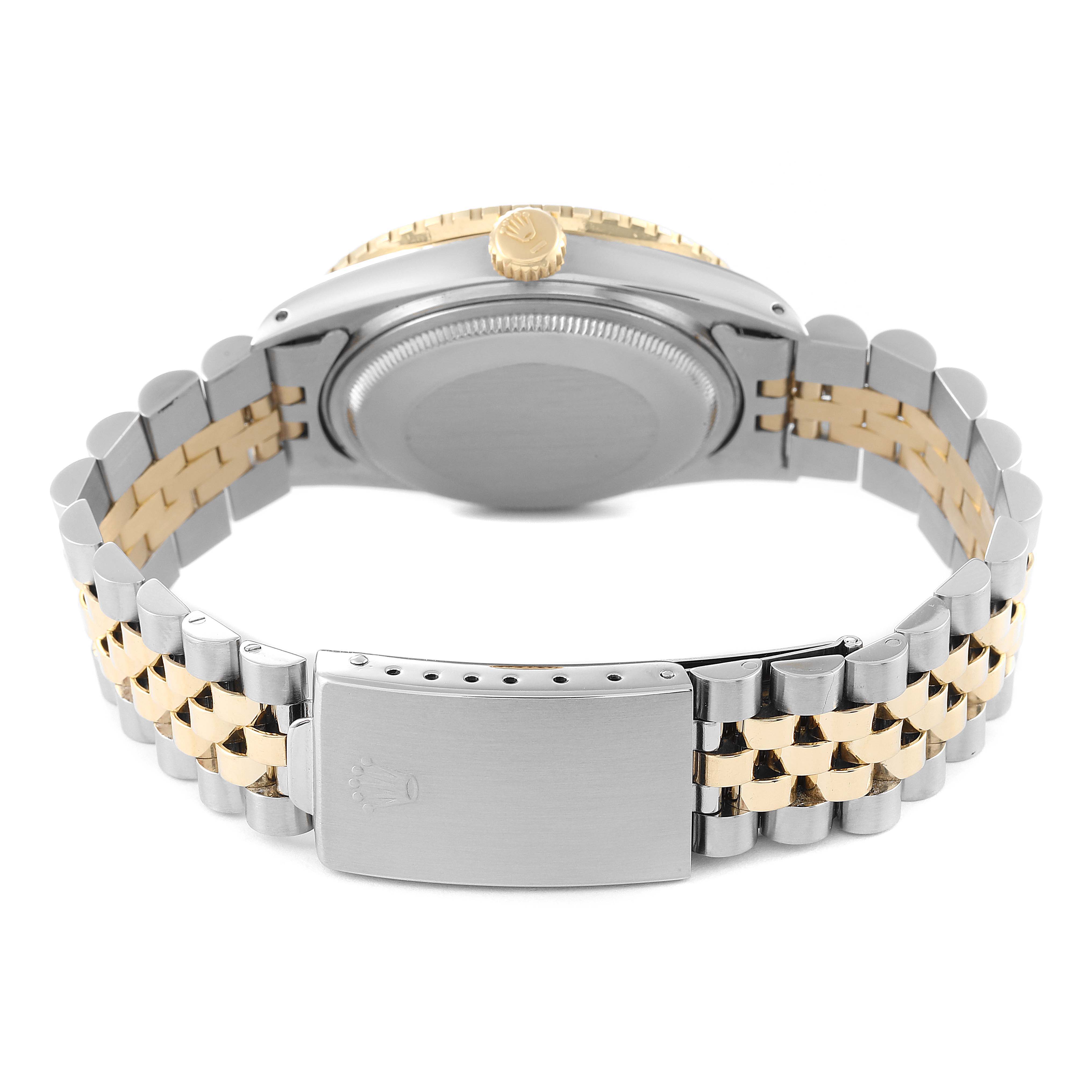 The image shows the back case and bracelet of a Rolex Vintage Collection 16253 Men's Steel and Gold (two tone) White Dial 16253 Men's Steel and Gold (two tone) White Dial watch with a two-tone metal design.