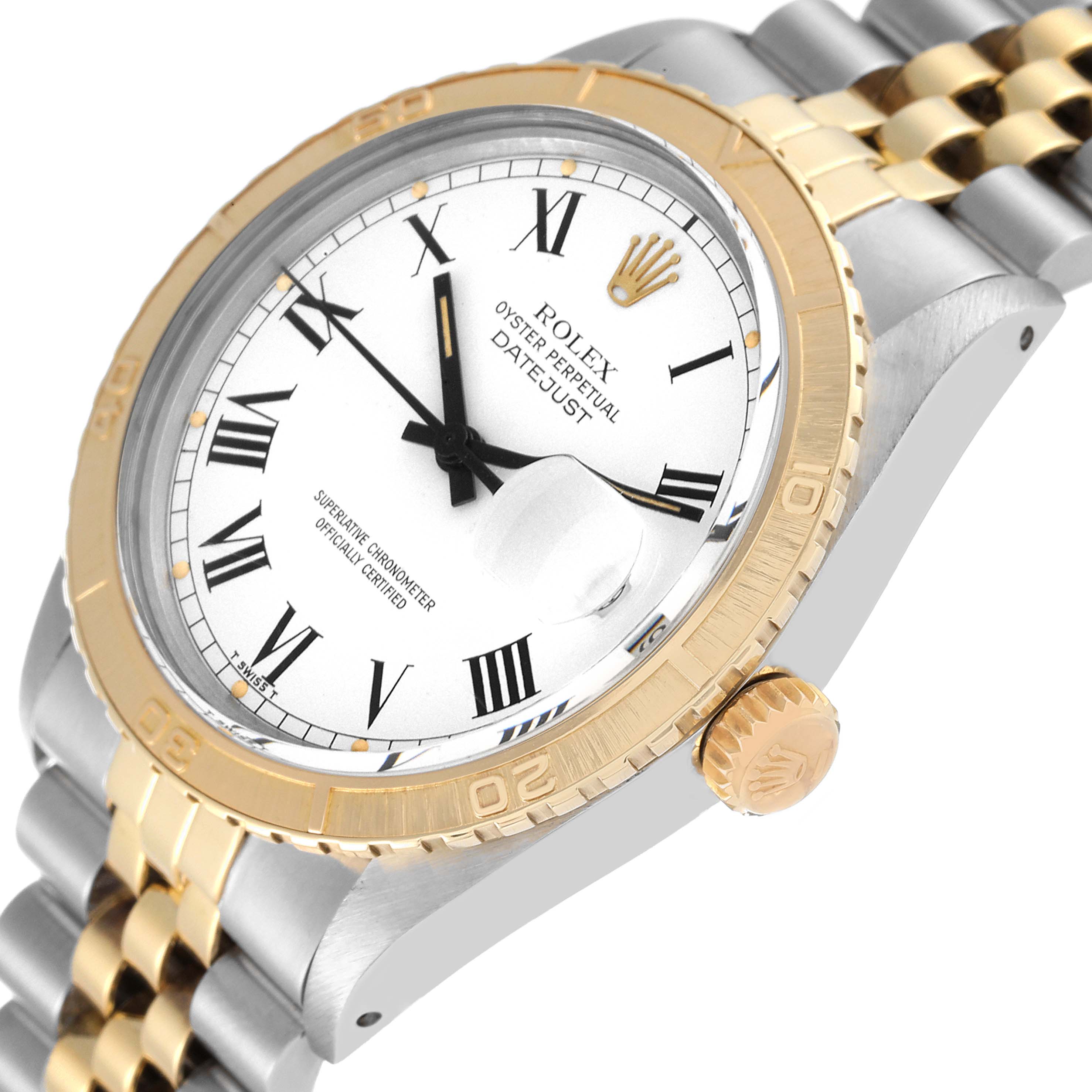 This image shows a close-up view of the Rolex Vintage Collection 16253 Men's Steel and Gold (two tone) White Dial 16253 Men's Steel and Gold (two tone) White Dial Datejust watch, highlighting the dial, bezel, and part of the Jubilee bracelet.