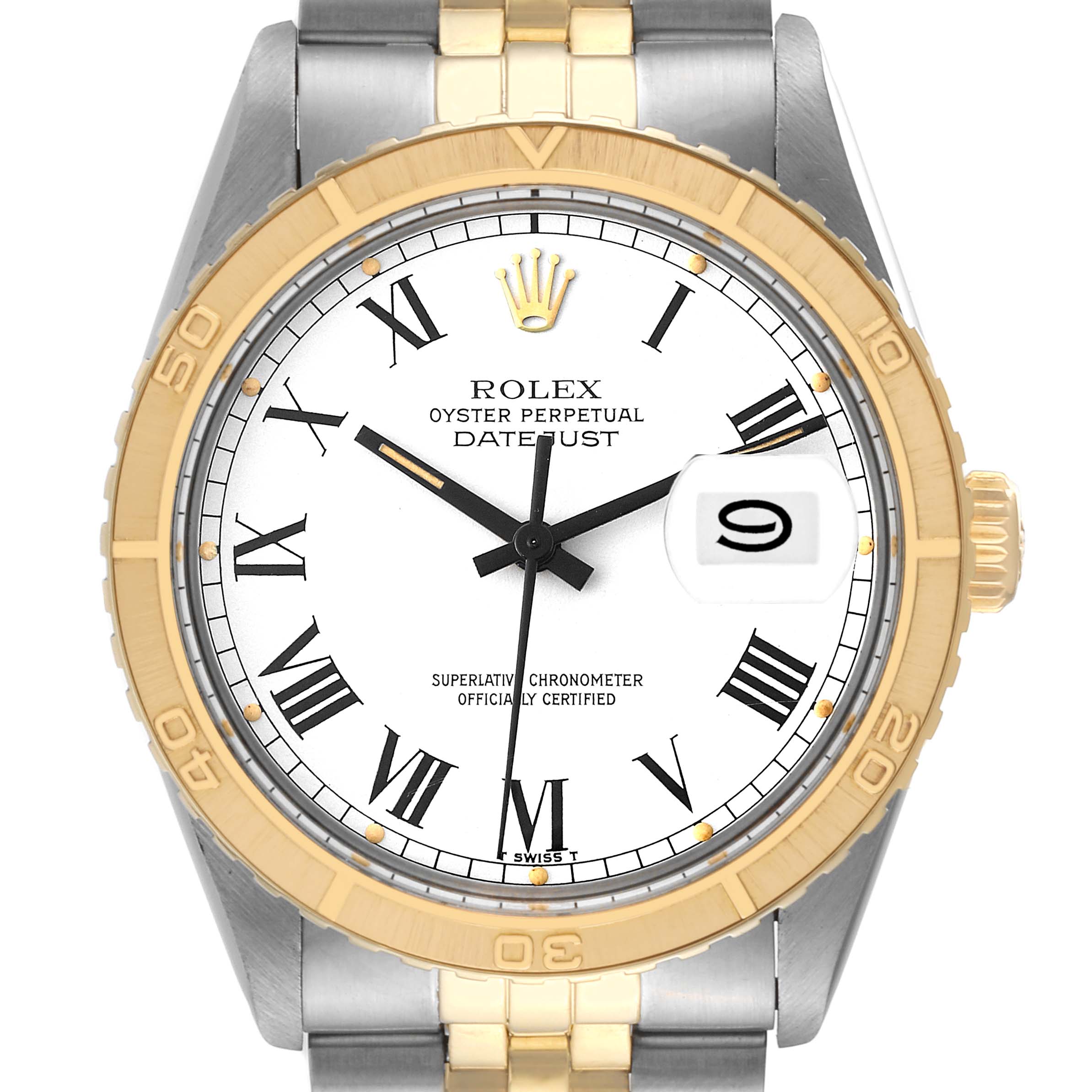 This image shows a front view of the Rolex Vintage Collection 16253 Men's Steel and Gold (two tone) White Dial 16253 Men's Steel and Gold (two tone) White Dial Datejust watch, highlighting its dial, bezel, and part of the bracelet.
