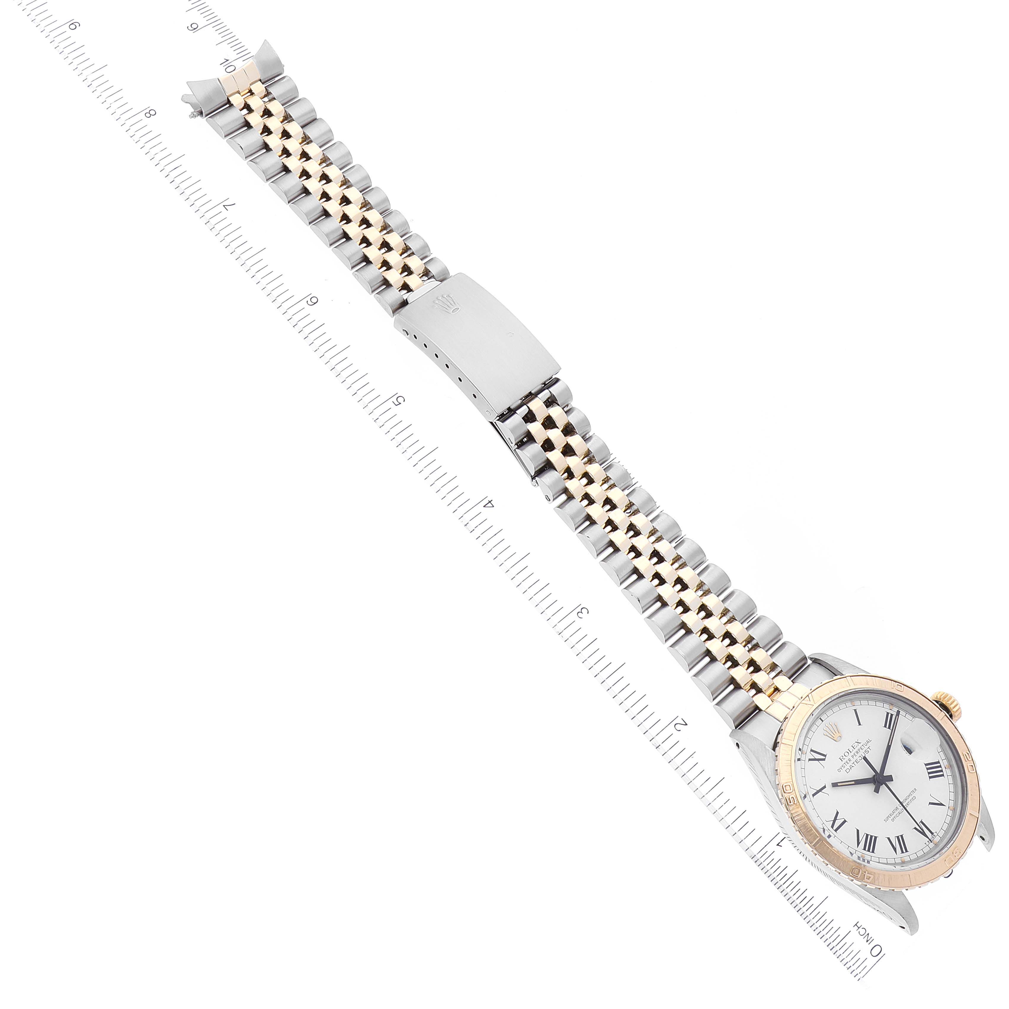 This Rolex Vintage Collection 16253 Men's Steel and Gold (two tone) White Dial 16253 Men's Steel and Gold (two tone) White Dial watch is shown from an aerial view, highlighting the face, bezel, and two-tone bracelet.