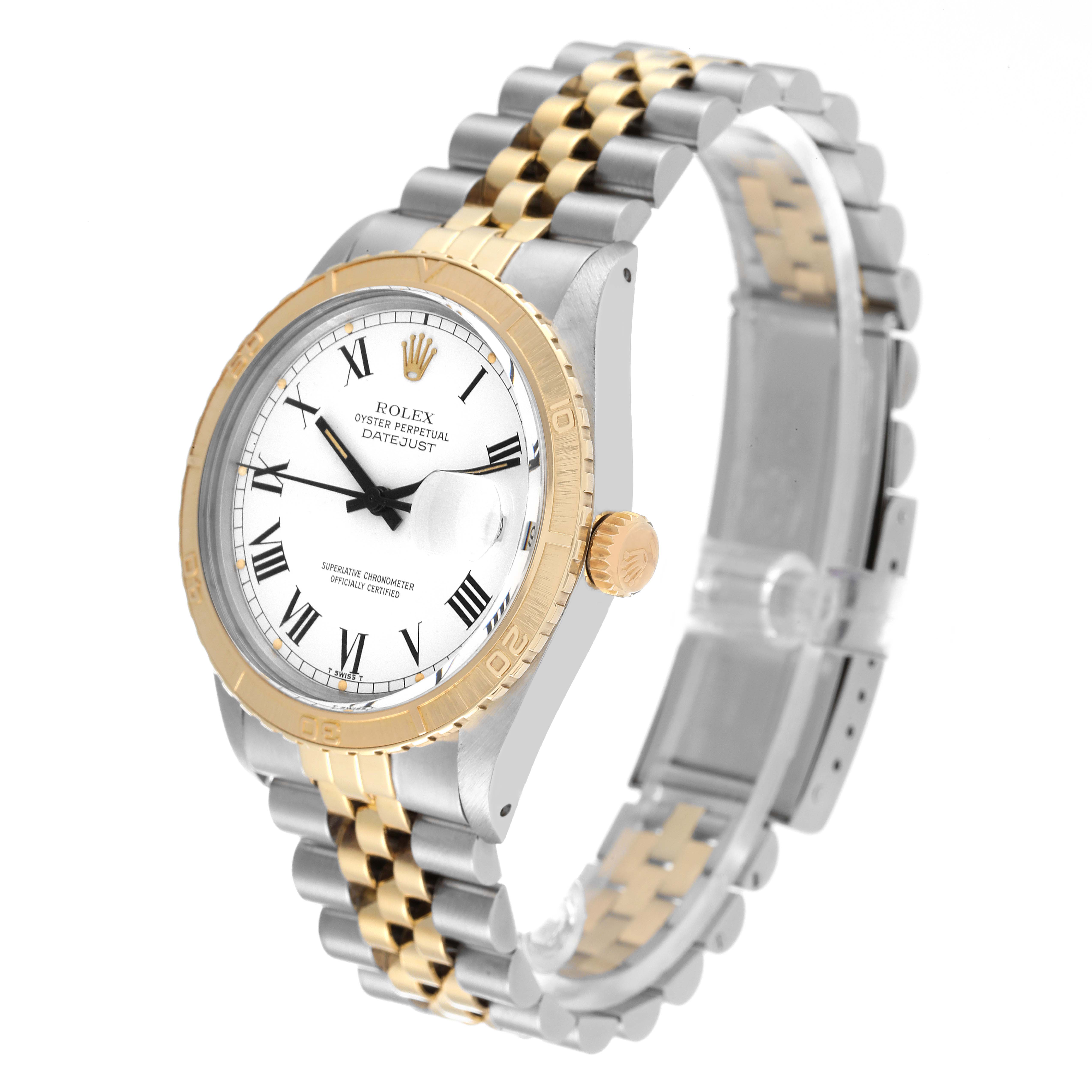 This is a side-angle view of the Rolex Vintage Collection 16253 Men's Steel and Gold (two tone) White Dial 16253 Men's Steel and Gold (two tone) White Dial Datejust model, showing the dial, bezel, crown, and part of the bracelet.