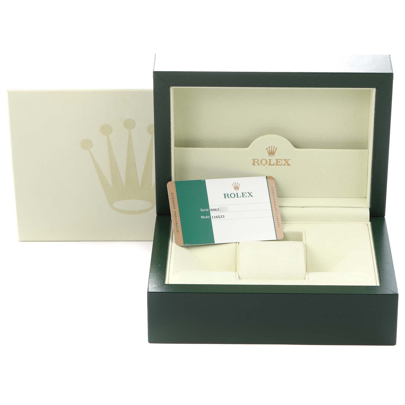 The image shows a Rolex Daytona 116523 Men's Steel and Gold (two tone) Silver Dial 116523 Men's Steel and Gold (two tone) Silver Dial watch box, cardholder, and outer box viewed from the front.