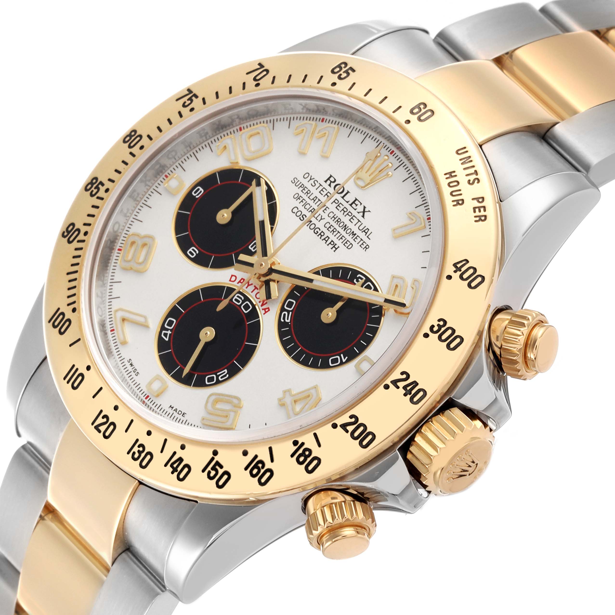 The Rolex Daytona 116523 Men's Steel and Gold (two tone) Silver Dial 116523 Men's Steel and Gold (two tone) Silver Dial watch is shown at an angled close-up, highlighting the dial, bezel, and crown.