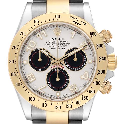 The image shows a frontal view of a Rolex Daytona watch, highlighting its dial, bezel, and chronograph subdials.