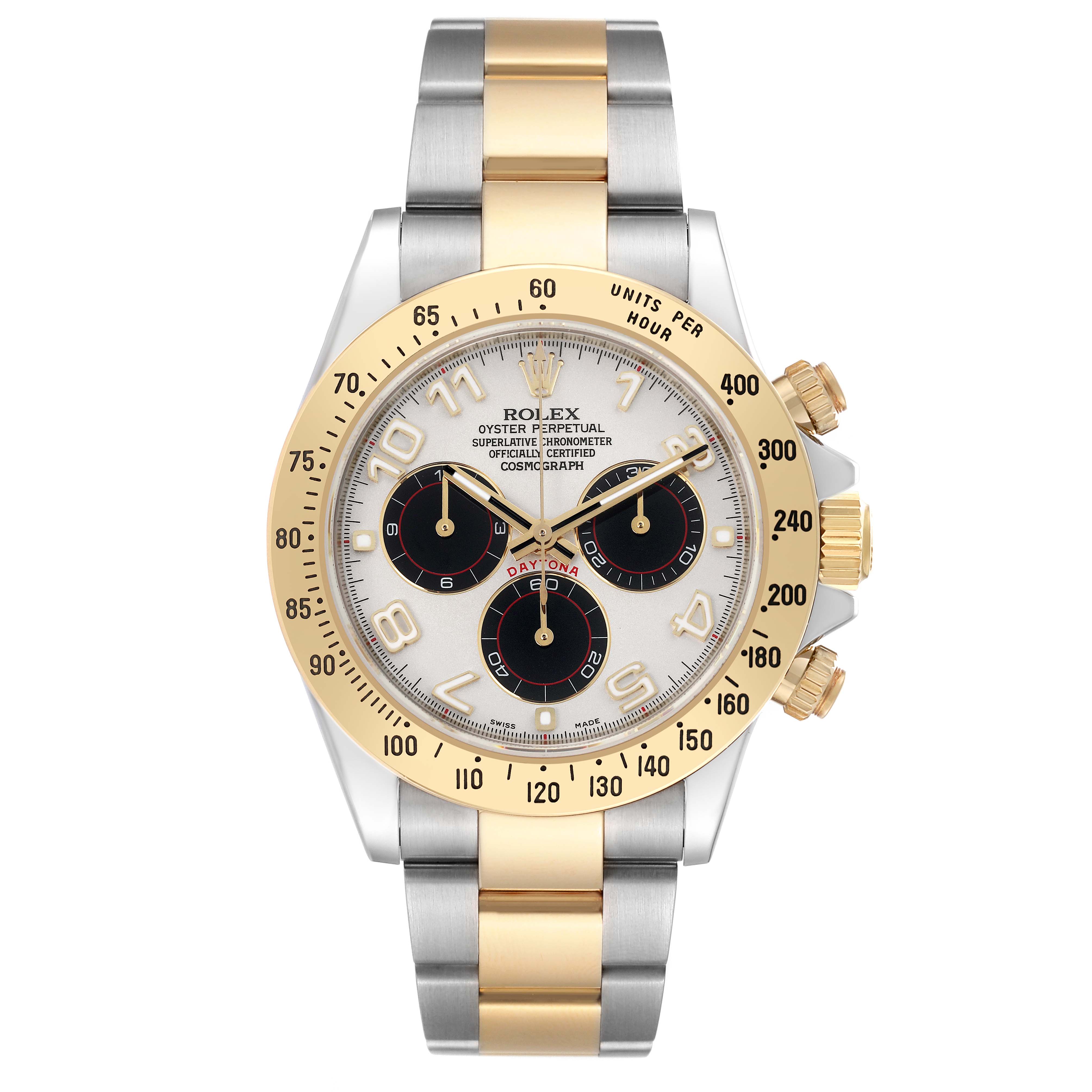 The Rolex Daytona 116523 Men's Steel and Gold (two tone) Silver Dial 116523 Men's Steel and Gold (two tone) Silver Dial watch is shown from a front angle, displaying the bezel, dial, subdials, and bi-metal bracelet.