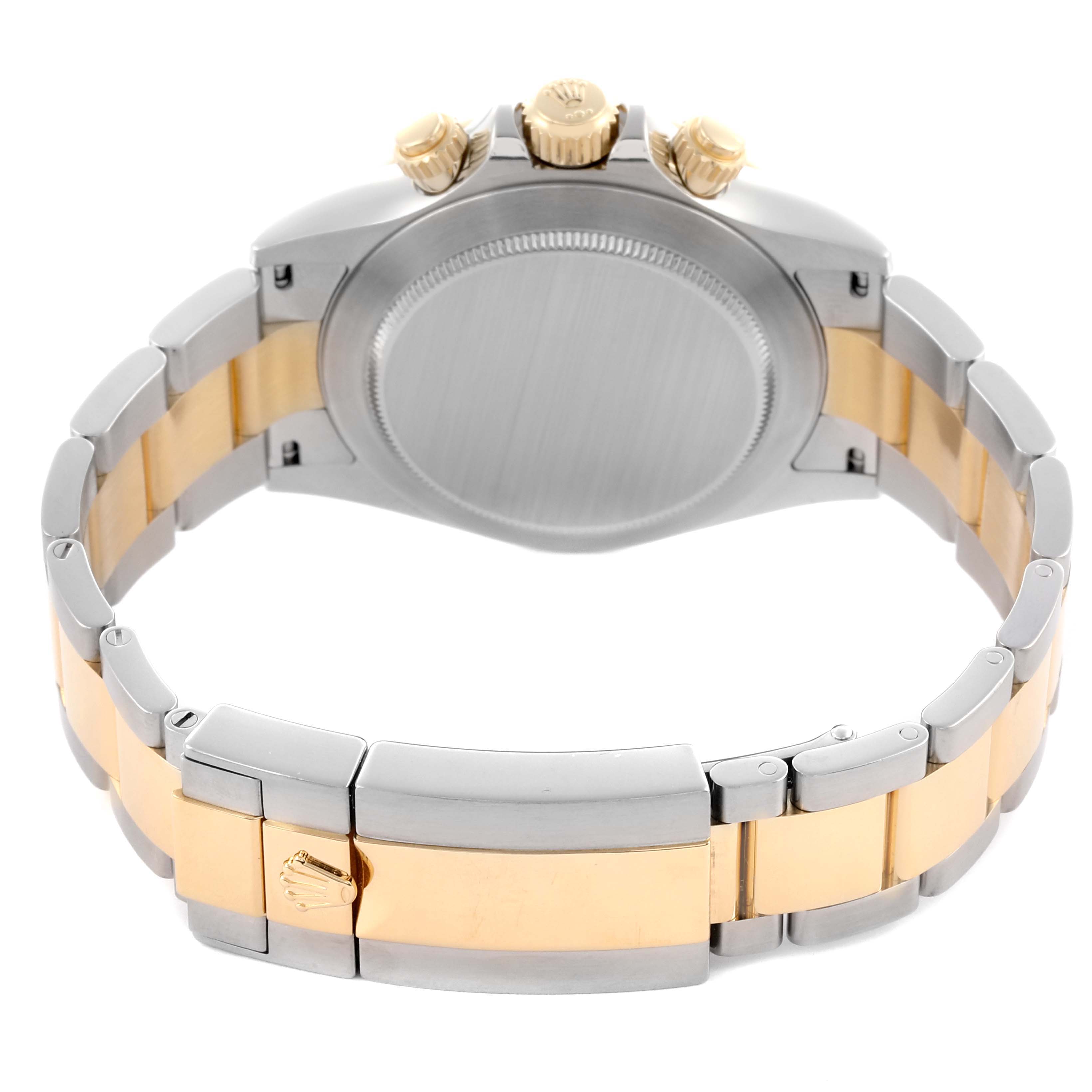 The image shows the back view of a Rolex Daytona 116523 Men's Steel and Gold (two tone) Silver Dial 116523 Men's Steel and Gold (two tone) Silver Dial, highlighting the case, bracelet, and clasp.