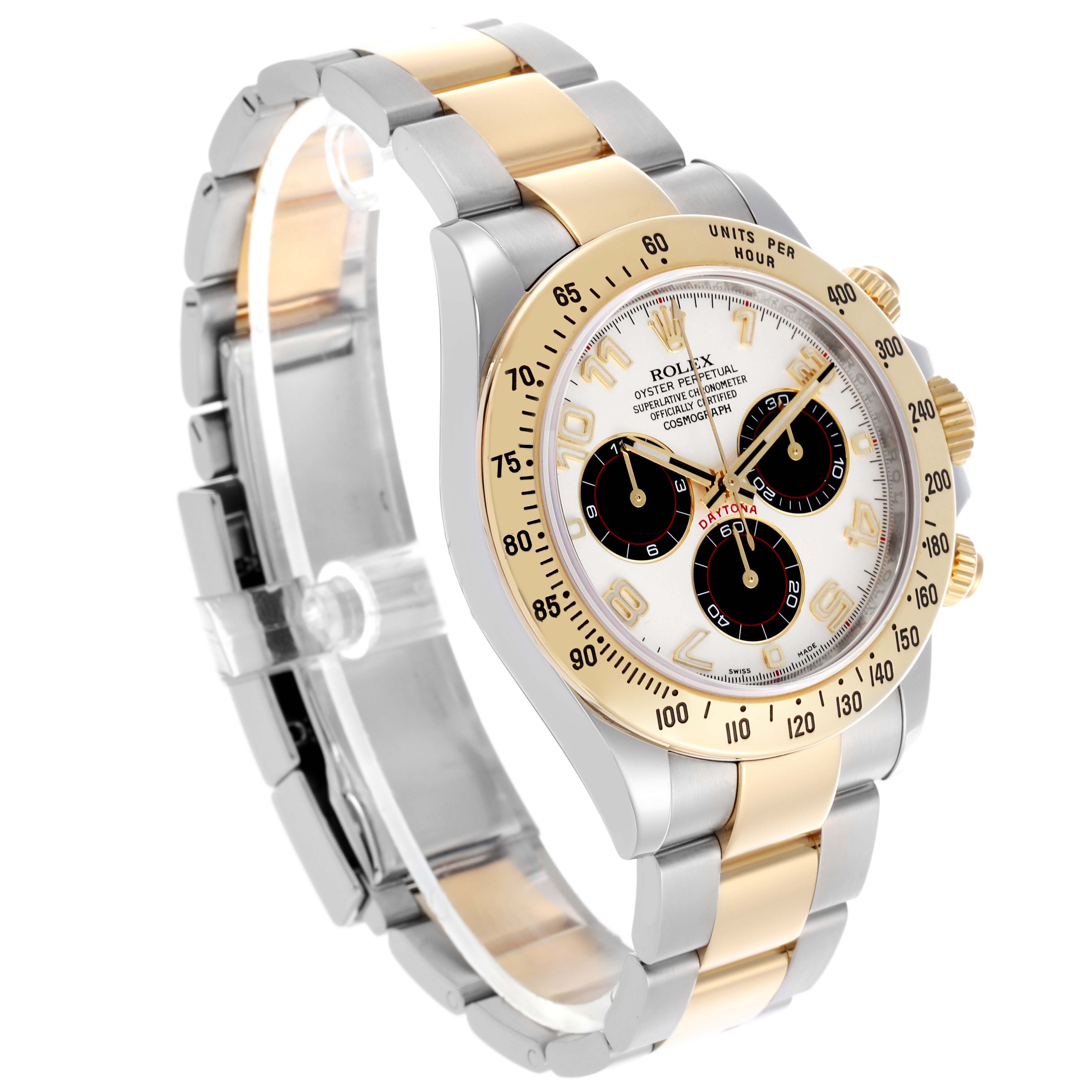 The Rolex Daytona 116523 Men's Steel and Gold (two tone) Silver Dial 116523 Men's Steel and Gold (two tone) Silver Dial watch is shown at a three-quarter angle, highlighting its gold bezel, dials, and two-tone bracelet.