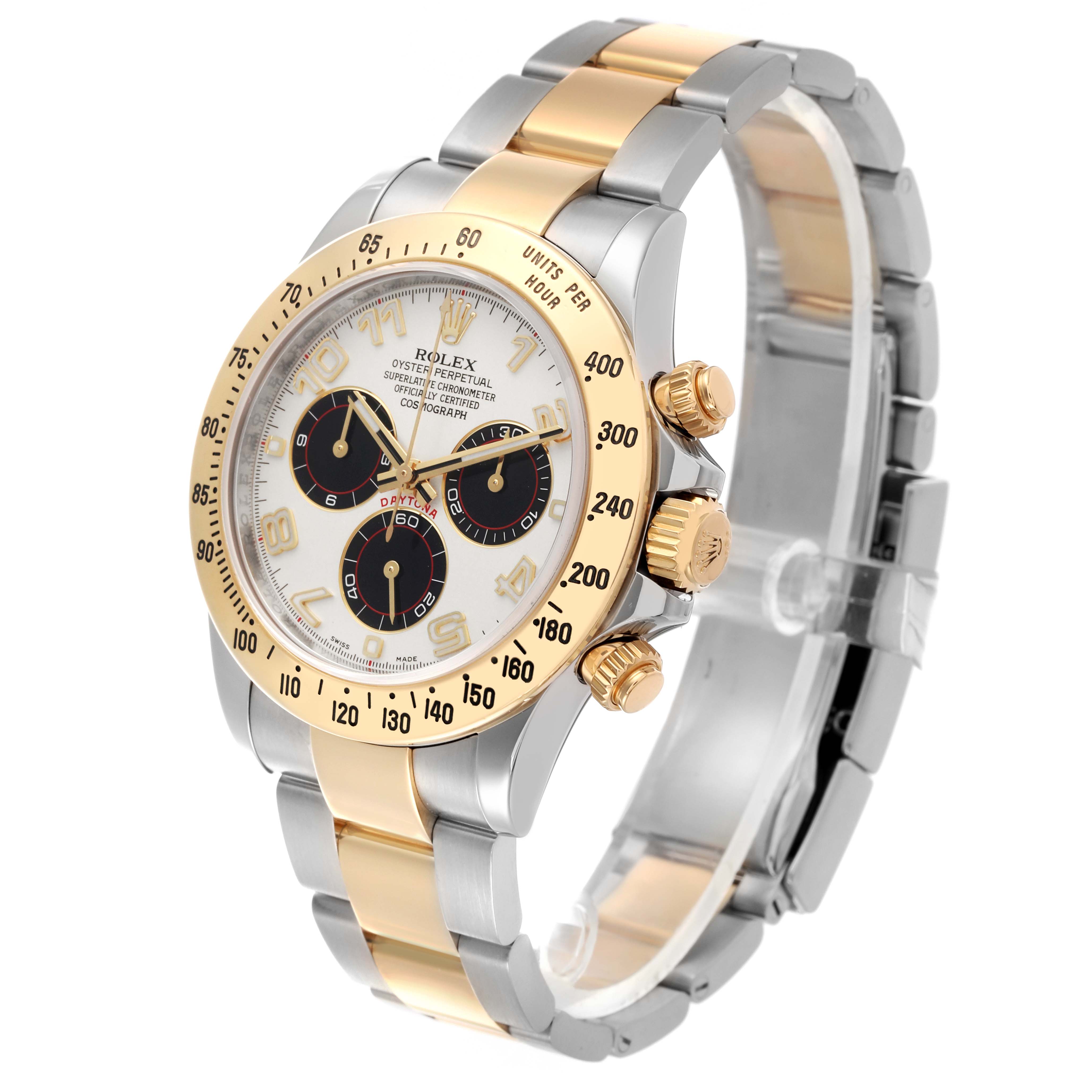 The Rolex Daytona 116523 Men's Steel and Gold (two tone) Silver Dial 116523 Men's Steel and Gold (two tone) Silver Dial watch is shown at a three-quarters angle, highlighting the face, bezel, crown, and partially closed bracelet.