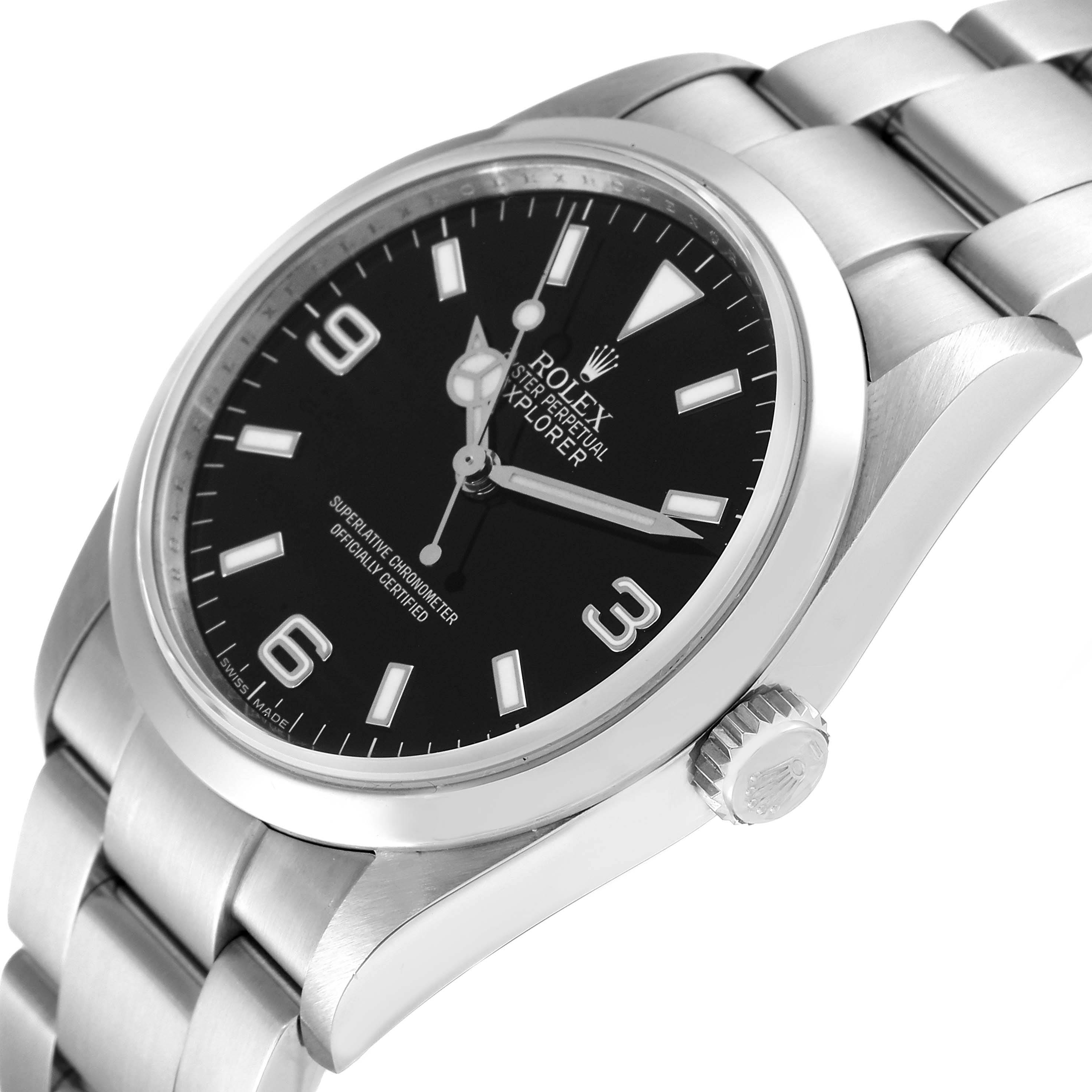 The image shows a Rolex Explorer 114270 Men
s Stainless Steel Black Dial 114270 Men
s Stainless Steel Black Dial watch from an angular view, highlighting the dial, bezel, and part of the bracelet.